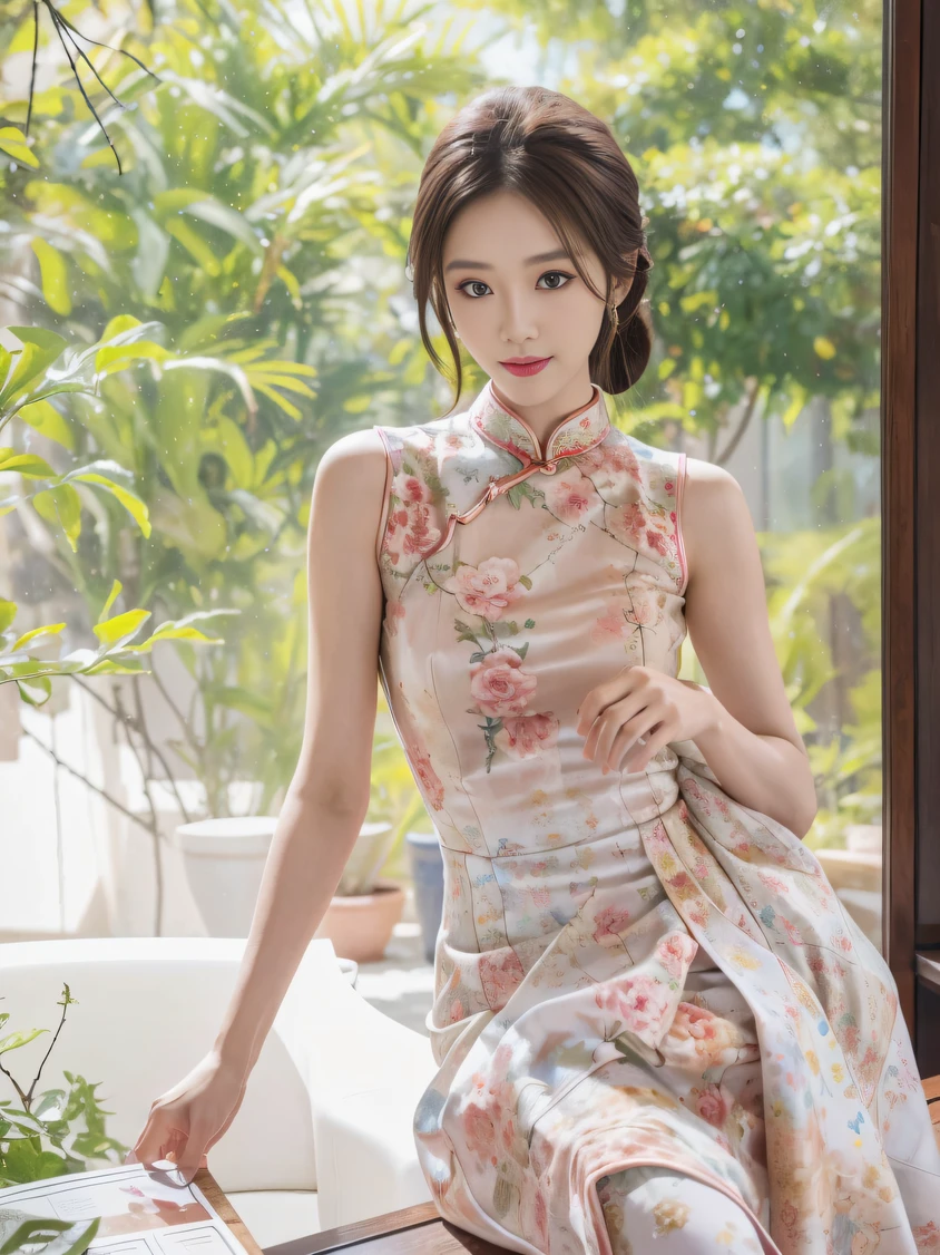 ，Masterpiece, Best quality，8K, 超高分辨率，Reallightandshadow，(Beautiful eyes looking into the camera:1.2)，True skin texture，Beautuful Women，Wearing a Chinese cheongsam，High-end luxurious and beautiful environment，