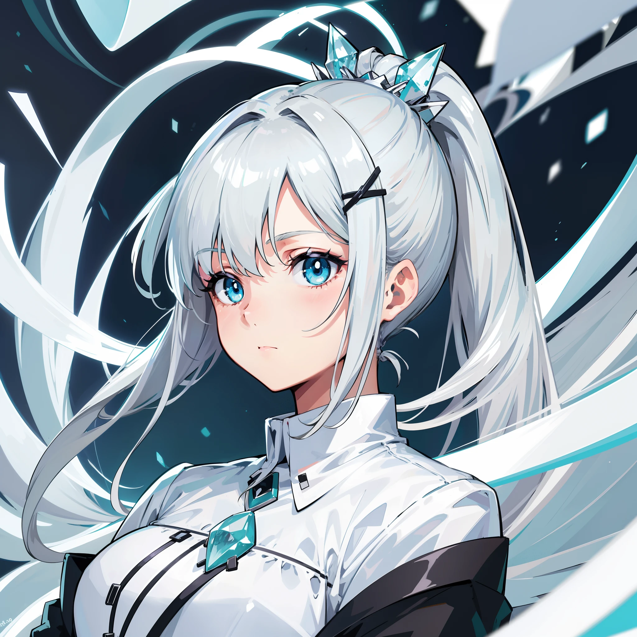 Silver-haired with a low ponytail, green eyes, and a large hair clip featuring a light blue gem, Elegant white clothing, night background, masterpiece, best quality, high resolution