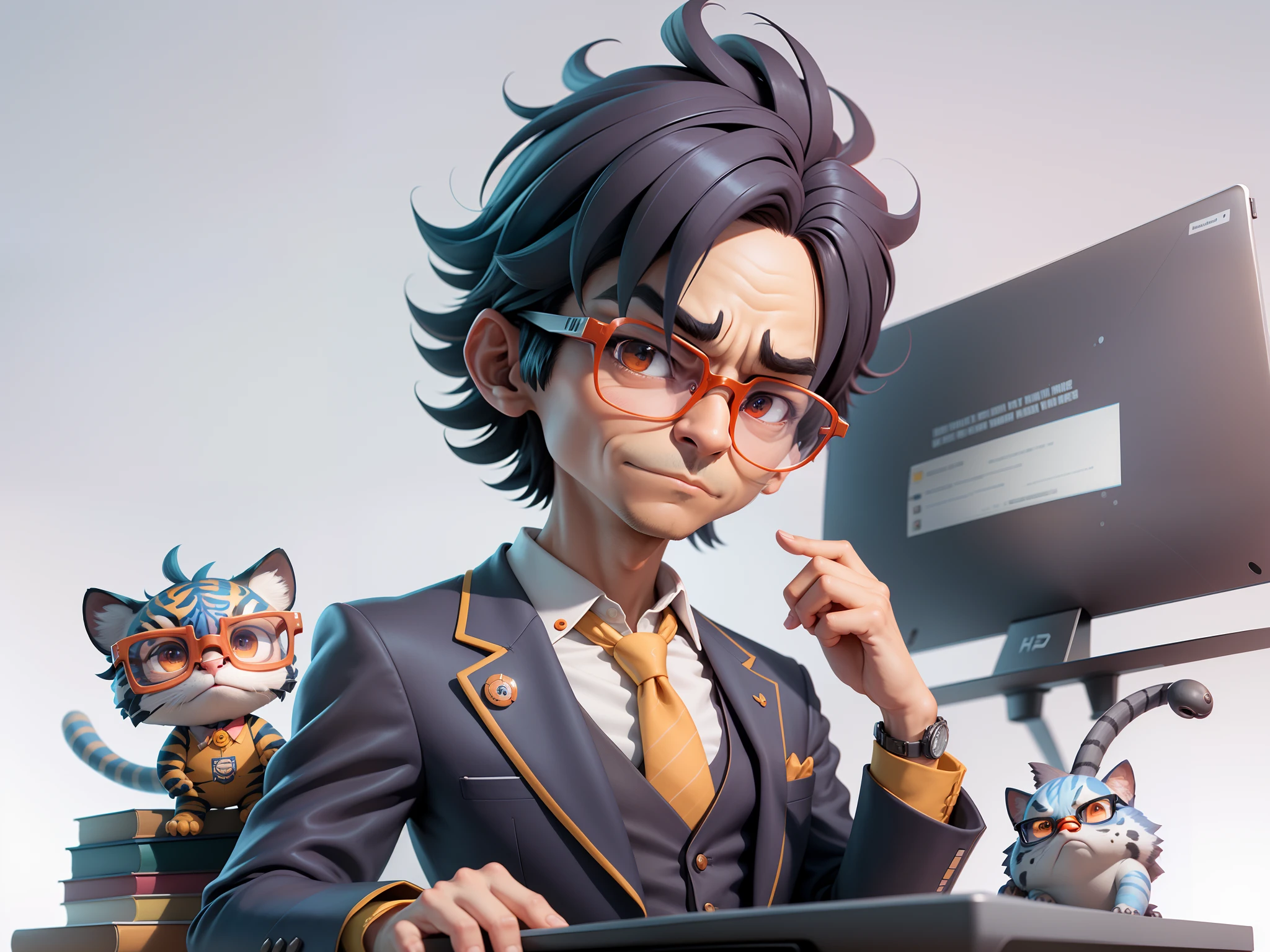 A young man in a suit, Short hair and glasses sat at his desk,holding laptop,digitial painting,tigre,3D character design by Mark Clairen and Pixar and Hayao Miyazaki and Akira Toriyama,4K HD illustration,Very detailed facial features and cartoon-style visuals。