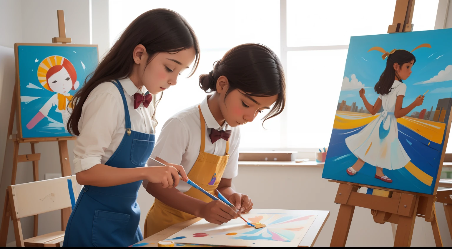 In a sun-soaked art studio, students immerse themselves in creative expression. Easels hold canvases adorned with vibrant brushstrokes, and sculptures in progress line the tables. A young man in a bowtie delicately blends colors on his palette, his focused gaze fixed on the canvas before him. Across the room, a girl in a flowing dress molds clay with skilled hands, lost in the world of her creation. The air is alive with the scent of paint and the hum of artistic energy.