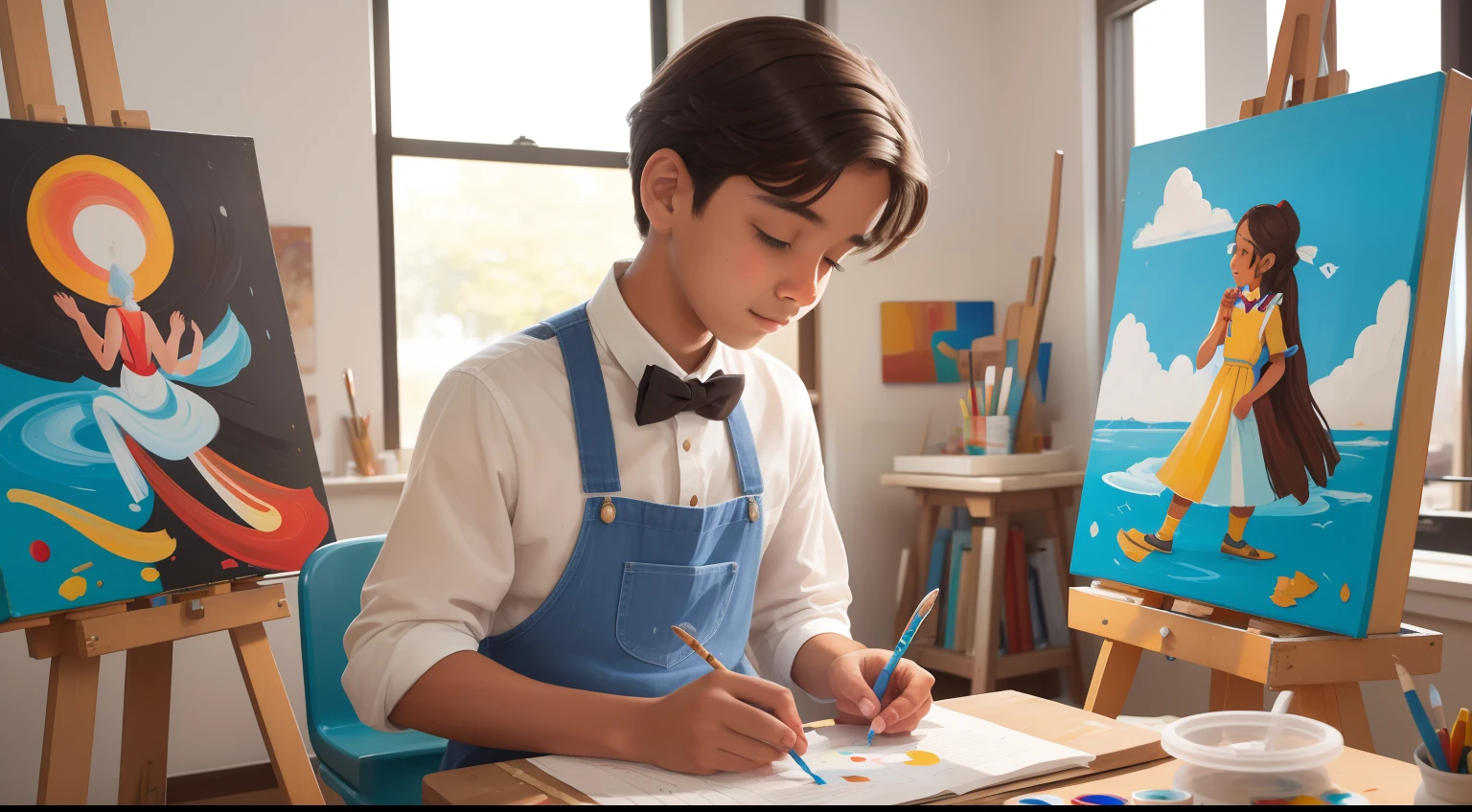 In a sun-soaked art studio, students immerse themselves in creative expression. Easels hold canvases adorned with vibrant brushstrokes, and sculptures in progress line the tables. A young man in a bowtie delicately blends colors on his palette, his focused gaze fixed on the canvas before him. Across the room, a girl in a flowing dress molds clay with skilled hands, lost in the world of her creation. The air is alive with the scent of paint and the hum of artistic energy.