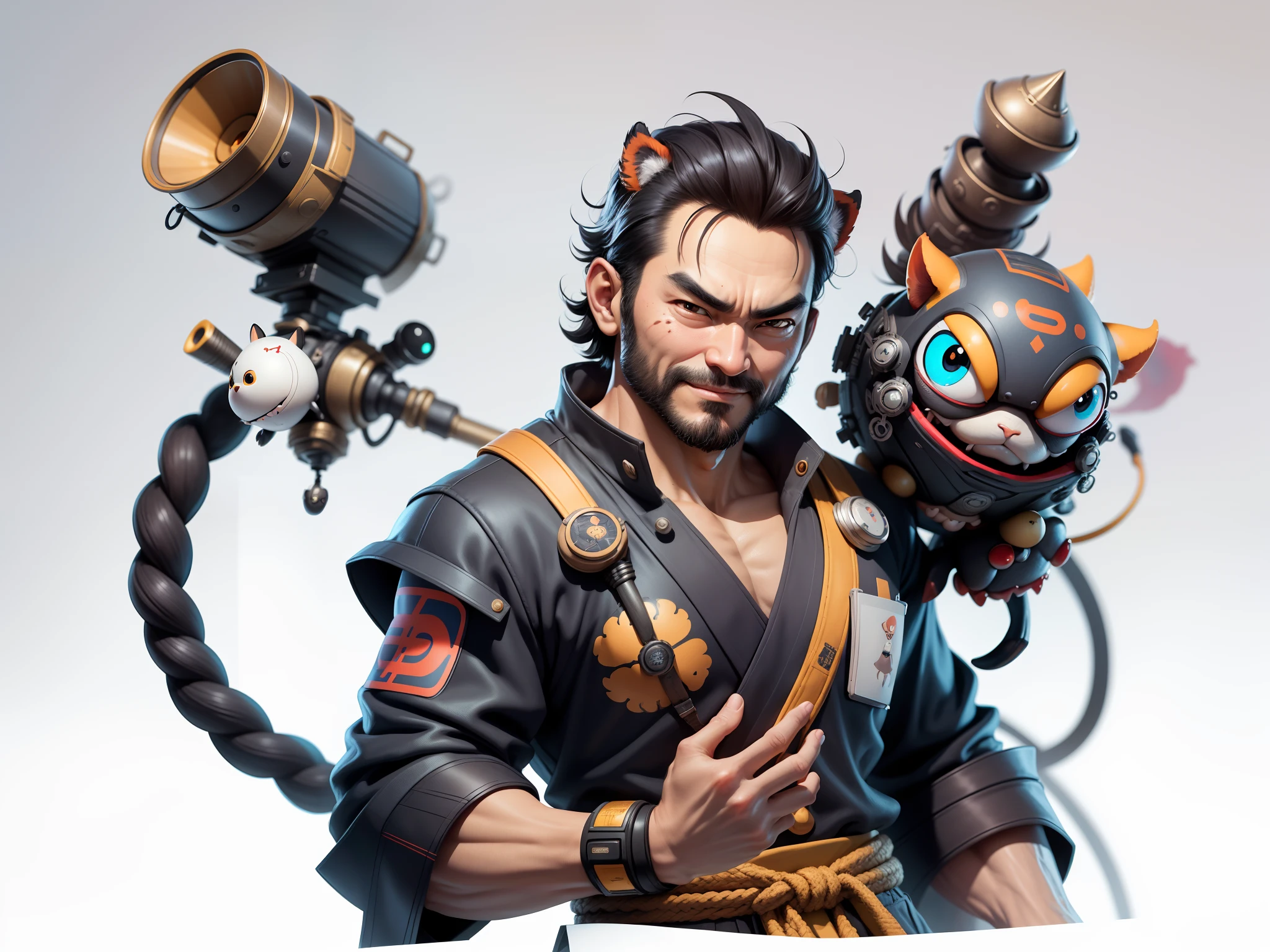 (Daisaku),(Need),(Super meticulous),(full bodyesbian:1.2),Super young man with Japanese geisha，Beautiful，orient，one tiger，Aeolian Thor，Raised sexy，爆乳，Oriental face，TV Anchor，Bust portrait illustration，In black suit，a blue tie，The face is slightly chubby，The face was clean，without a beard，Black super short hair，Black eyes，Smile confidently，3C computer sub-products，iPad， iphone，Digital painting，3D character design by Mark Clairen and Pixar and Hayao Miyazaki and Akira Toriyama，The illustration is a high-definition illustration in 4K resolution，With very detailed facial features and cartoon-style visuals。