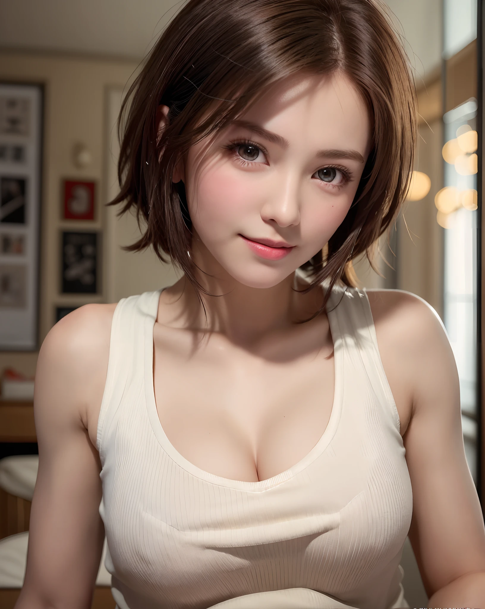 Best Quality, Ultra High Resolution, (Photorealistic: 1.4), Beautiful Eyes, Super Beautiful, Very Short Hair, Beautiful, Sweetheart, T-shirt with Rough Chest, Beautiful Soldier, Eyes That Invite Viewer, Lover's Perspective, Inviting Expression, Sexy Smile, Perfect Style, Perfect Balance, Detailed Skin, Naughty Gaze, Chest Visible