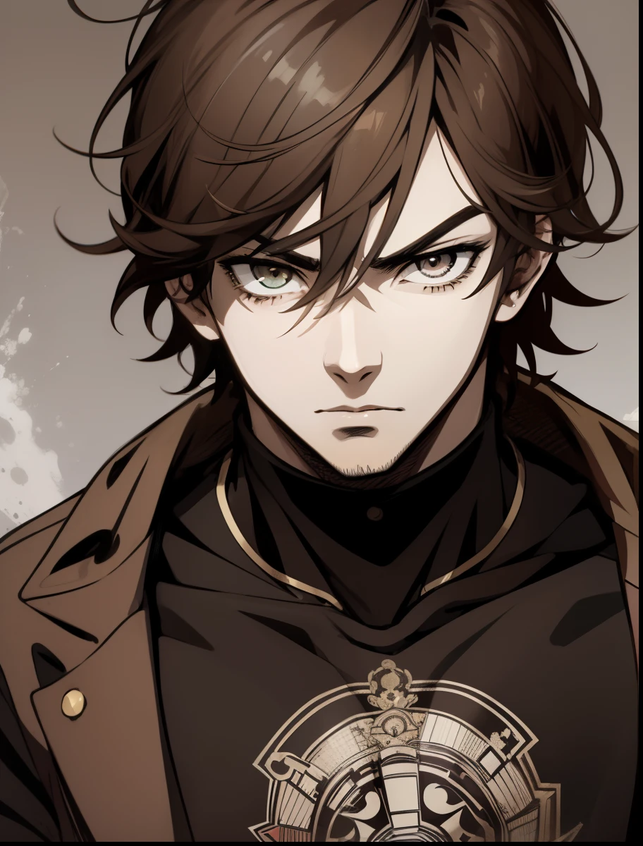 (Masterpiece), (high quality), (ultra-detailed), anime style, in the style of Sui Ishida, 1 man, portrait, rough brown hair, brown eyes, thick black eyebrows, intimidating expression, tall and lean build, brown t shirt, pants, character sheet