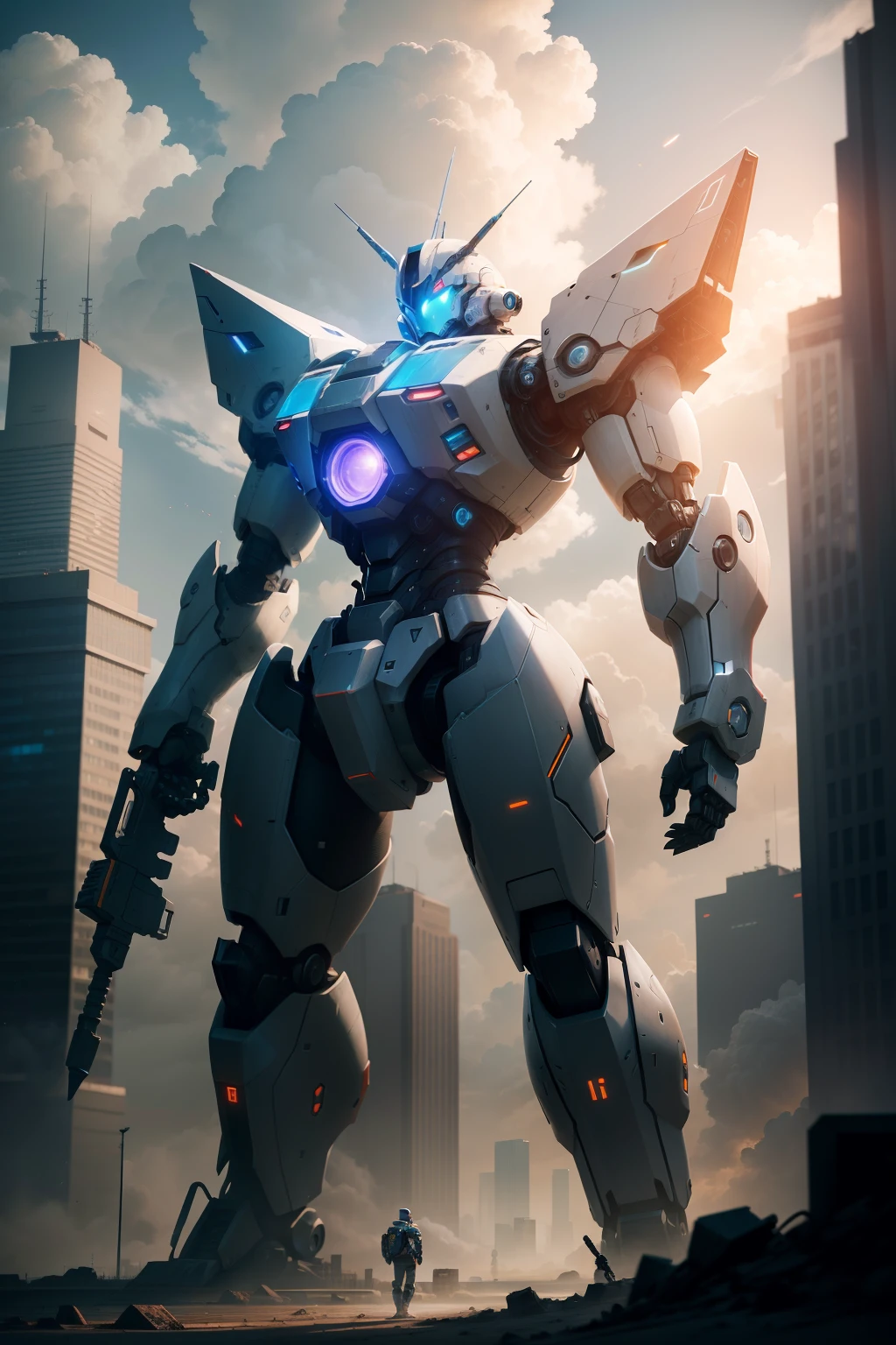 sky, cloud, holding_weapon, no_humans, glowing, , robot, building, glowing_eyes, mecha, science_fiction, city, realistic,mecha
