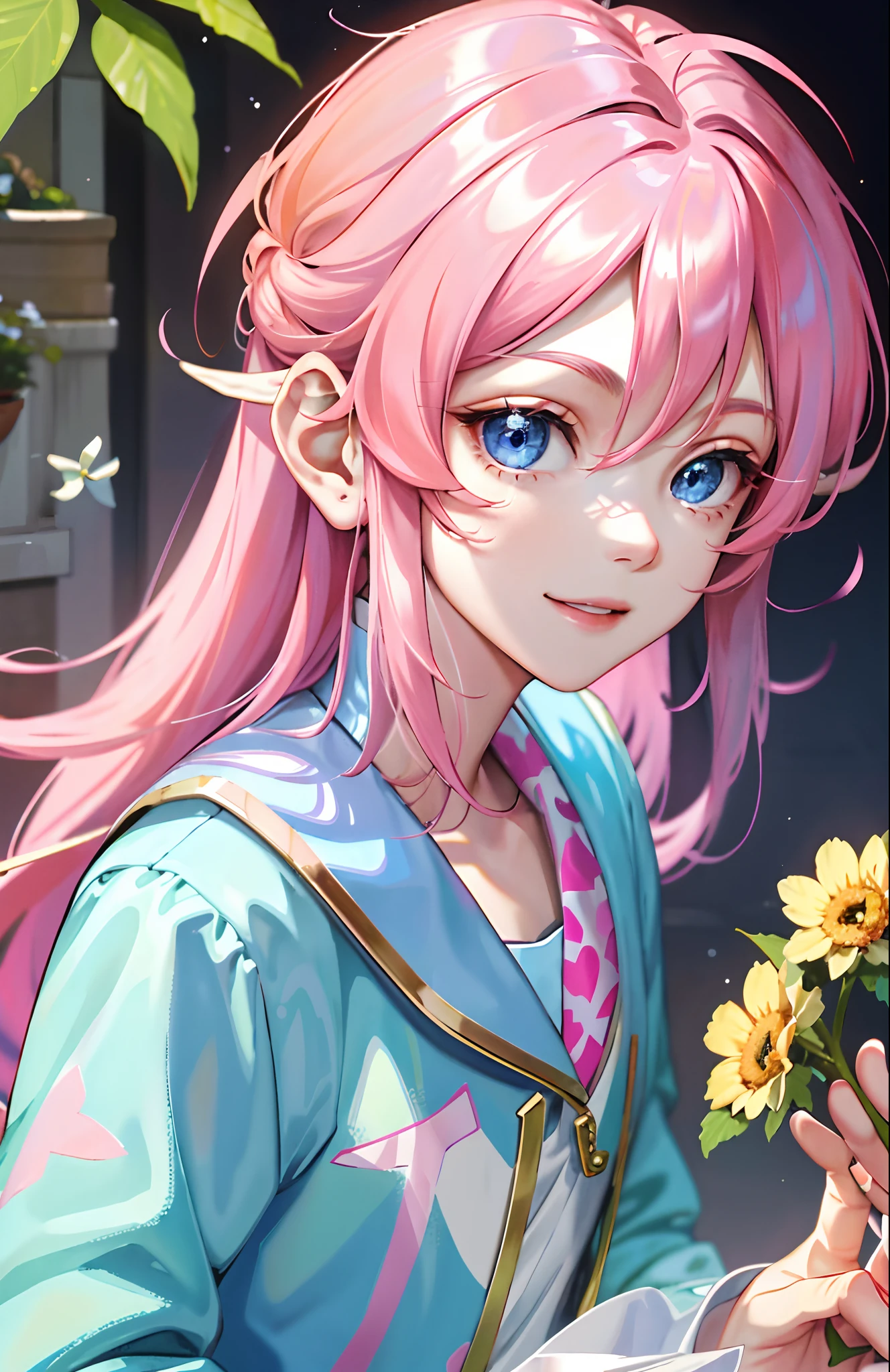 younge boy，独奏，A separate photo of a person，Pink hair，Light blue eyes，ssmile，Confectionery，adolable，gracefulness，A masterpiece，facial closeups，Leprechaun ears