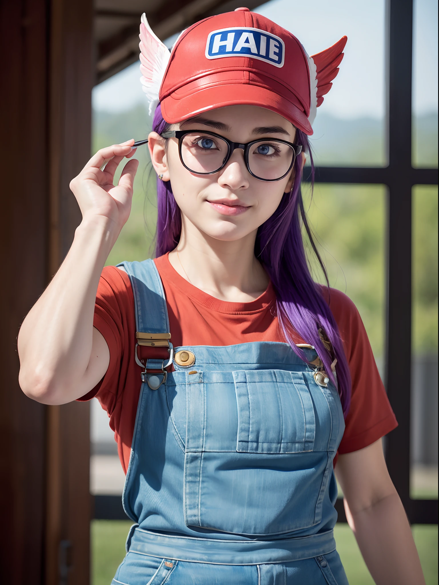 (masterpiece, best quality:1.4), (standing:1.5) (dynamic pose:1), 1girl, solo, (european youth:1), arale, glasses, blue eyes, long hair, purple hair, short sleeves, wing hat, (red cap), (wing cap:1.5), red shirt, blue overalls, looking at viewer, beautifull smile, beautiful face, highly detailed face, highly detailed eyes, highly detailed skin, skin pores, subsurface scattering, realistic pupils, full face blush, full lips, detailed background, depth of field, volumetric lighting, sharp focus, absurdres, realistic proportions, good anatomy, (realistic, hyperrealistic:1.4), 16k hdr,