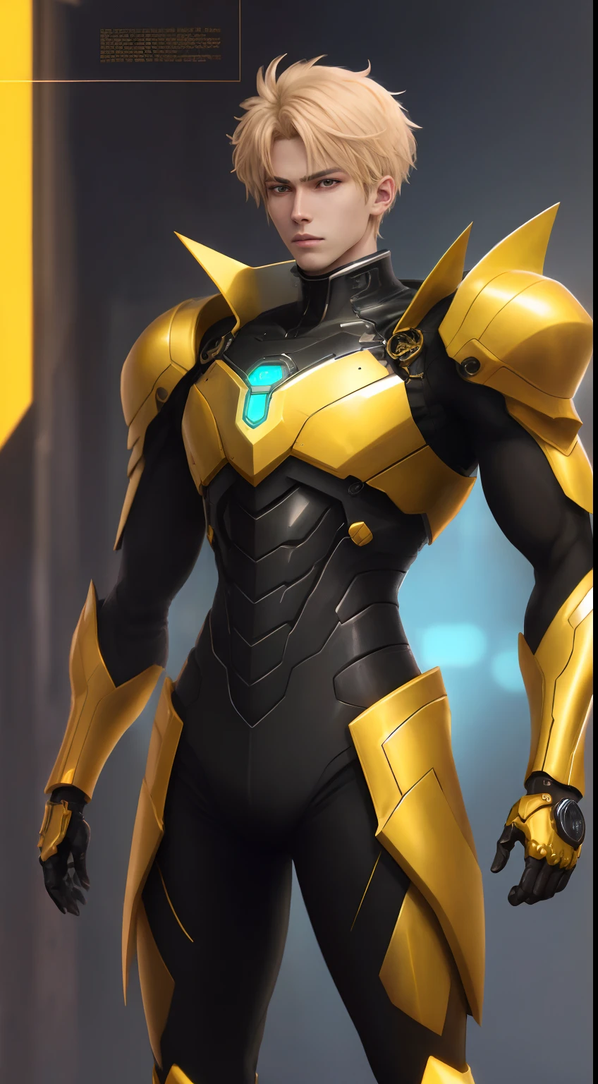 of a guy, Cool look, cyber punk perssonage, armor, Golden Lab, Tech arm, Golden breath, The body of the mighty shore, Anime style, Depth of field, High quality