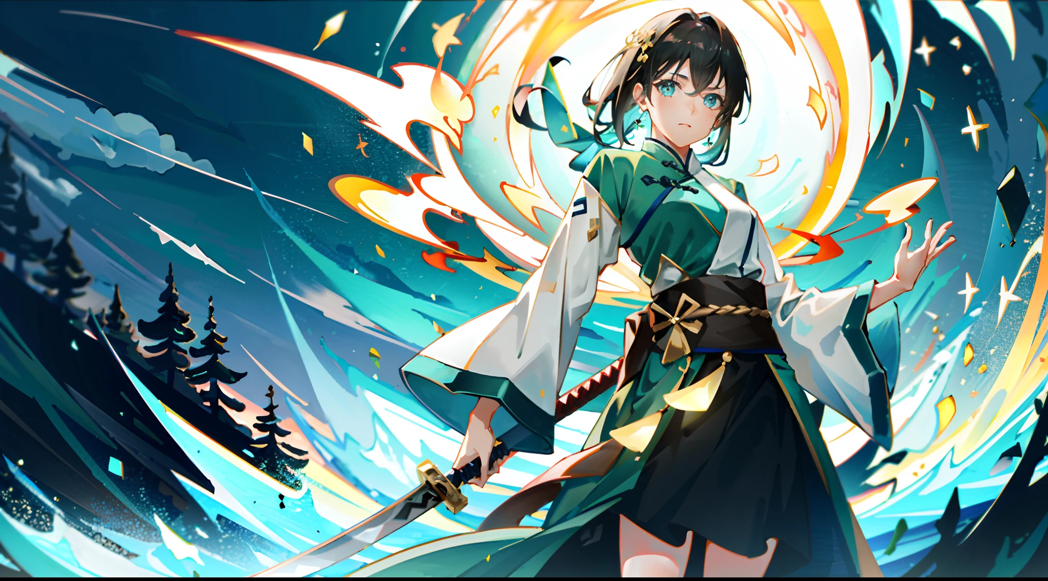 Chinese female swordsman,Wearing white Hanfu,Ancient Chinese Cold Weapon Sword 1.4,Put your feet on the glowing sword, You levitate over the forest,Green forest background,Swirling cyan glow,Essence Immortal 1.5,Tyndall effect,Glow effect,Estilo de Makoto Shinkai,Optoelectronic style,Meticulous brushstrokes,Realistic pop music,New School Beast,Knolling,8K,Golden Tornado、Neatly arranged,Fantastic landscape, The light of the knife around the character