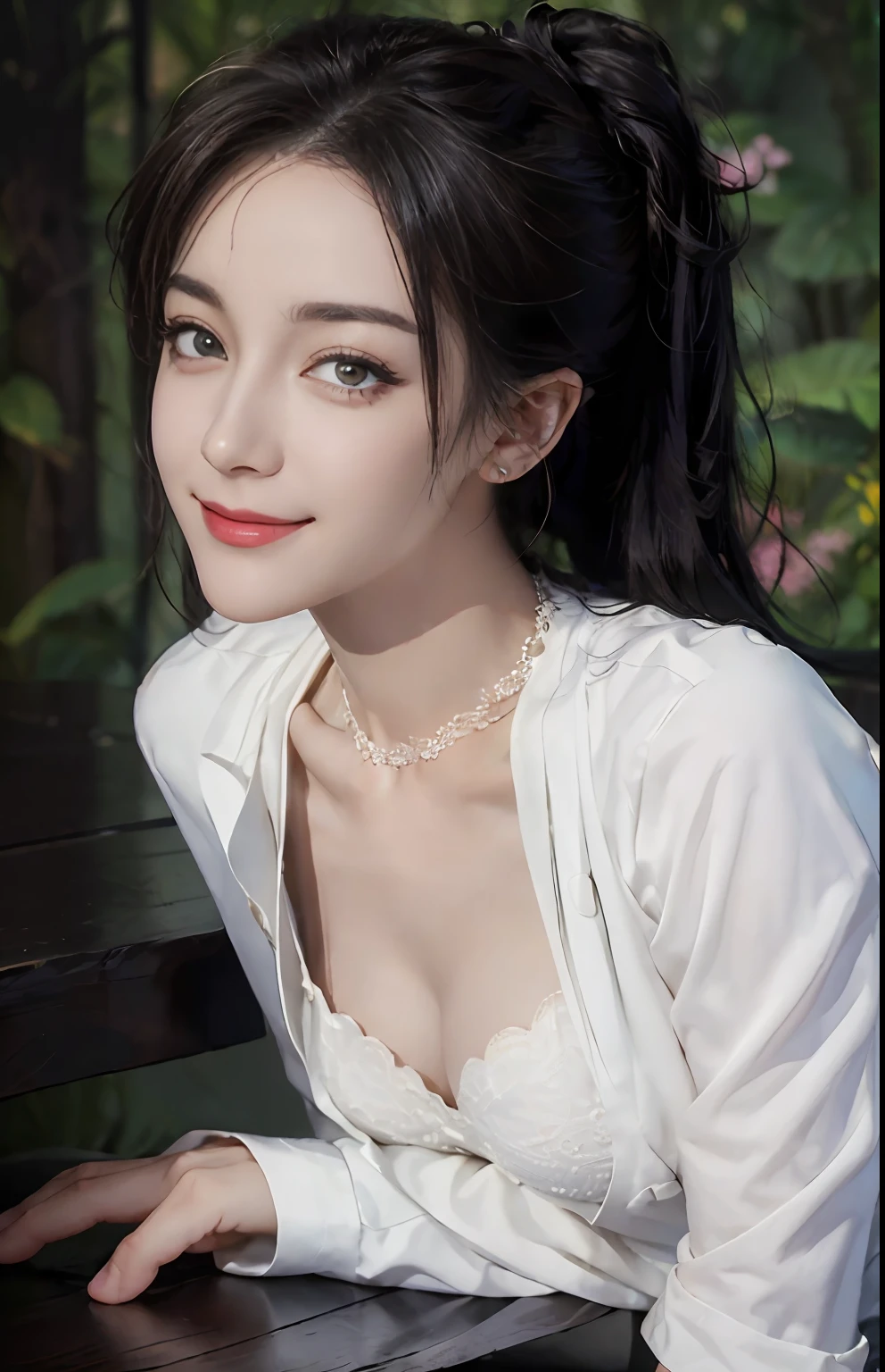 (Ultra Realistic), (Illustration), (High Resolution), (8K), (Very Detailed), (Best Illustration), (Beautiful and Detailed Eyes), (Best Quality), (Ultra Detailed), (Masterpiece), (Wallpaper), (Detailed Face), One Girl, Look Front, Fine Details, Detailed Face, Low Key, pureerosfaceace_v1, Dark Eyeliner, Bangs, Big, (Best Quality, 8k, 32K, Masterpiece) 1gril, brown ponytail, large breasts, (detailed white loose shirt: 1.5), shorts, cleavage, shirt with white collar, necklace, (detailed lace bra: 1.1), (slouch: 1.8), smile, get on all fours, look down,