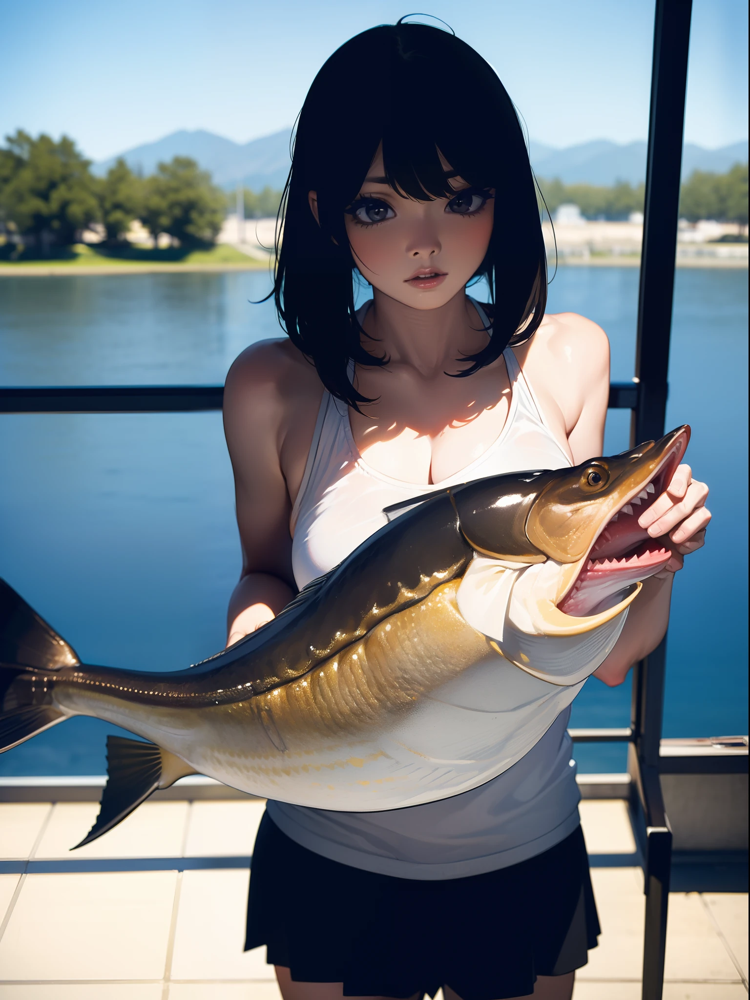 ((((Catchig a big black bass by the lake)))),((Best Quality, masutepiece :1.3)),((( large mouth bass))),hight resolution,ultra-detailliert,Official art,Beauty and aesthetics,masterpiece,best qualtiy,ighly detailed,1 Japanese woman,Black hair, long eyeslashes, Solid Circle Eyes, deadpan, drop shadow, Atmospheric perspective,Super Detail, ccurate, Best Quality, small tits,Black jacket,top-quality, 8K, nffsw, Hi-Res, absurderes:1.2, blurry backround, bokeh dof:1.2, a picture, (Raw photography:1.2), (Photorealsitic:1.4), (masterpiece:1.3), (intricate detailes:1.2), Atmospheric perspective,Super Detail, ccurate, Best Quality,
