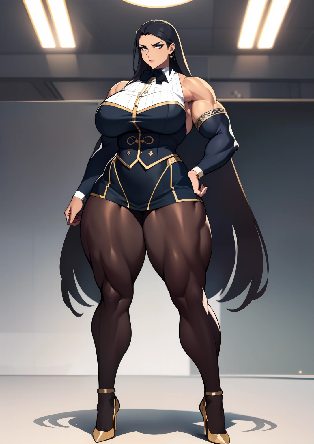 tmasterpiece,The best lighting,office backdrop,perspire,Full body like,Walk,Burly woman,Exaggerated large muscles,blackstockings,Pointed-toe heels,Beautiful and charming European woman face, 1female,Thin waist,Very broad shoulders, Strong and powerful arms,Stout arms,Strong and powerful leg muscles,Very long legs