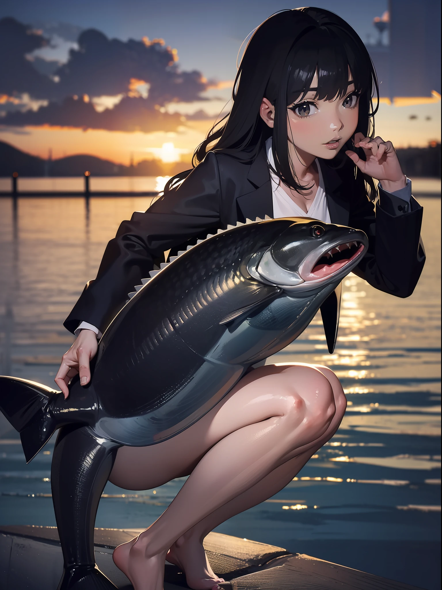 ((((Catchig a big black bass by the lake)))),((Best Quality, masutepiece :1.3)),((( large mouth bass))),hight resolution,ultra-detailliert,Official art,Beauty and aesthetics,masterpiece,best qualtiy,ighly detailed,1 Japanese woman,Black hair, long eyeslashes, Solid Circle Eyes, deadpan, drop shadow, Atmospheric perspective,Super Detail, ccurate, Best Quality, small tits,Black jacket,top-quality, 8K, nffsw, Hi-Res, absurderes:1.2, blurry backround, bokeh dof:1.2, a picture, (Raw photography:1.2), (Photorealsitic:1.4), (masterpiece:1.3), (intricate detailes:1.2), Atmospheric perspective,Super Detail, ccurate, Best Quality,
