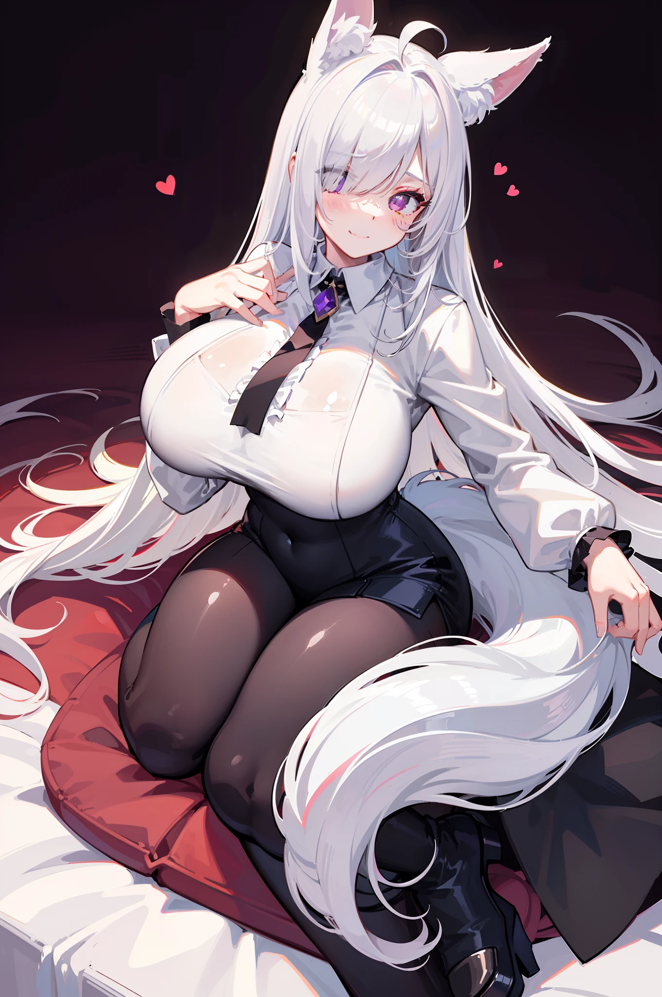 Blush, ((((White color blouse)))),  black long boots, ((((Huge white furry tail)))), (on top of the bed), Reclining, D-cups, White hair, ahoge,((hair covering one eye)), Heart-shaped pupils, Purple eyes, Fox ears, Evil smile, Seductive smile, hearts in eyes, torogao, Reflectors, Yandere, anime big breast, Chiaroscuro, Ray tracing, shadowing, hyper HD, Masterpiece, Accurate, Anatomically correct, Textured skin, Super detail, High details, High quality, Award-Awarded, Best quality, A high resolution, 16k，(There is love around you)，Tempting