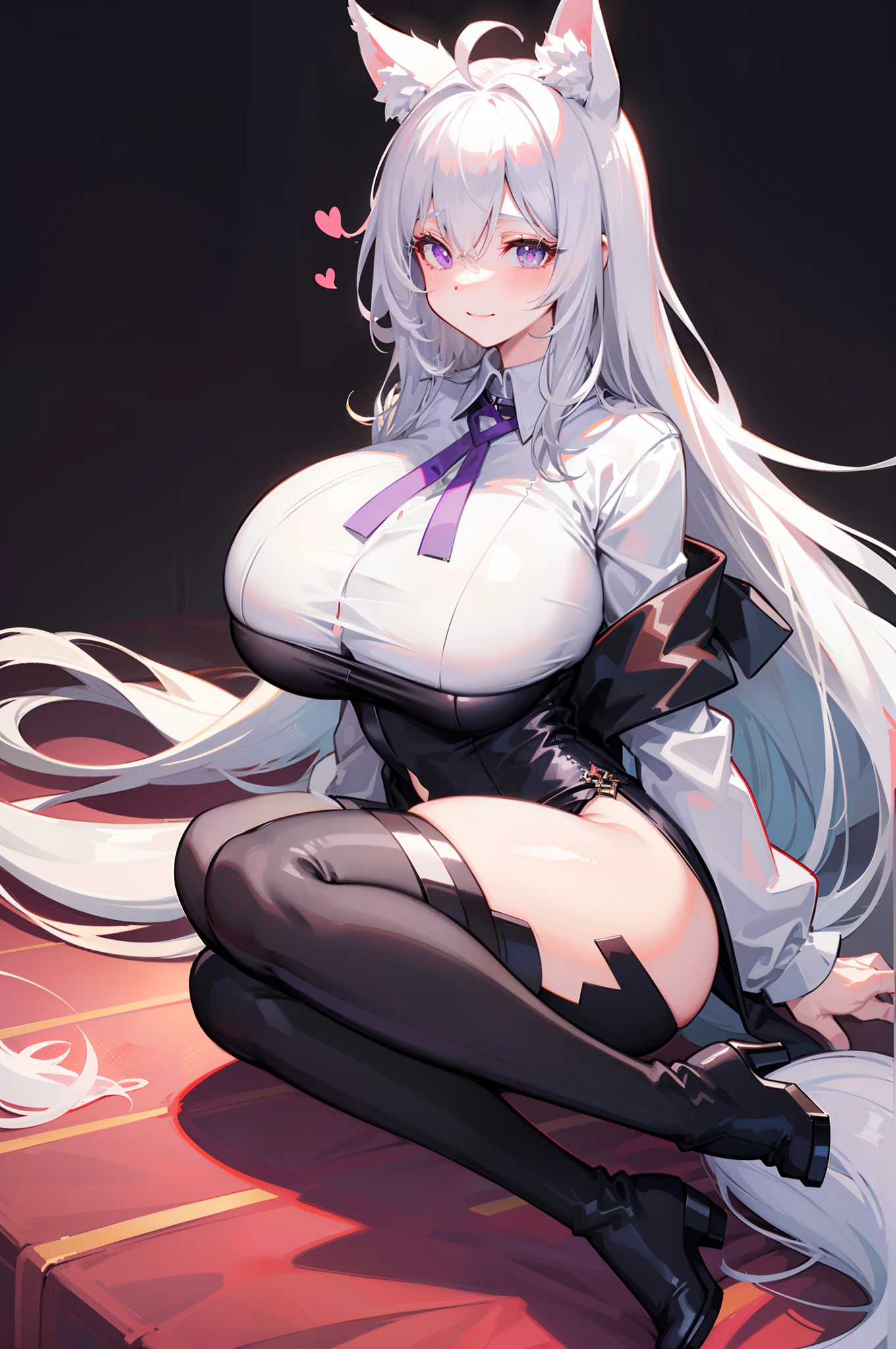 Blush, ((((White color blouse)))),  black long boots, ((((Huge white furry tail)))), (on top of the bed), Reclining, D-cups, White hair, ahoge,((hair covering one eye)), Heart-shaped pupils, Purple eyes, Fox ears, Evil smile, Seductive smile, hearts in eyes, torogao, Reflectors, Yandere, anime big breast, Chiaroscuro, Ray tracing, shadowing, hyper HD, Masterpiece, Accurate, Anatomically correct, Textured skin, Super detail, High details, High quality, Award-Awarded, Best quality, A high resolution, 16k，(There is love around you)，Tempting