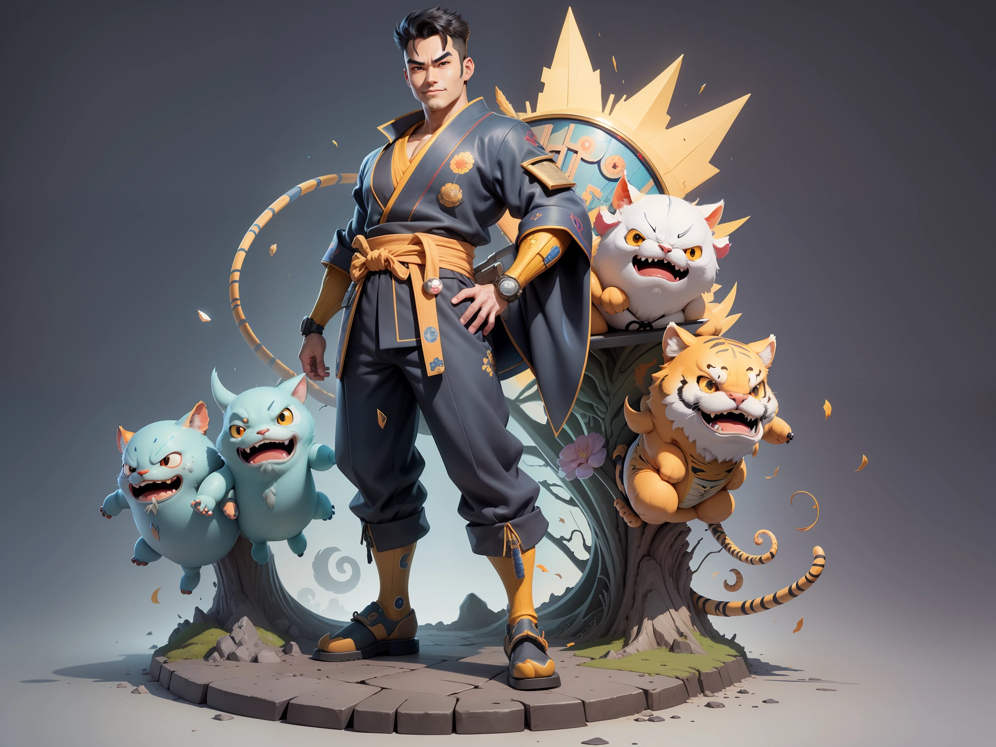 (Masterpiece), (Excellent), (Super Meticulous), (Full Body: 1.2), Super Young Man, Oriental Face, Japanese Kimono, Japanese Wind Thunder God, Dragon, Tiger, TV Anchor, Bust Portrait Illustration, Alone, Black Suit, Blue Tie, Slightly Chubby Face, Very Clean Face, No Beard, Black Super Short Hair, Black Eyes, Confident Smile, 3c Computer Sub-Products, iPad, iPhone, Digital Painting, 3D Character Design by Akira Toriyama and Mark Claireden and Pixar and Hayao Miyazaki, The illustration is a high-definition illustration in 4K resolution with very detailed facial features and cartoon-style visuals.