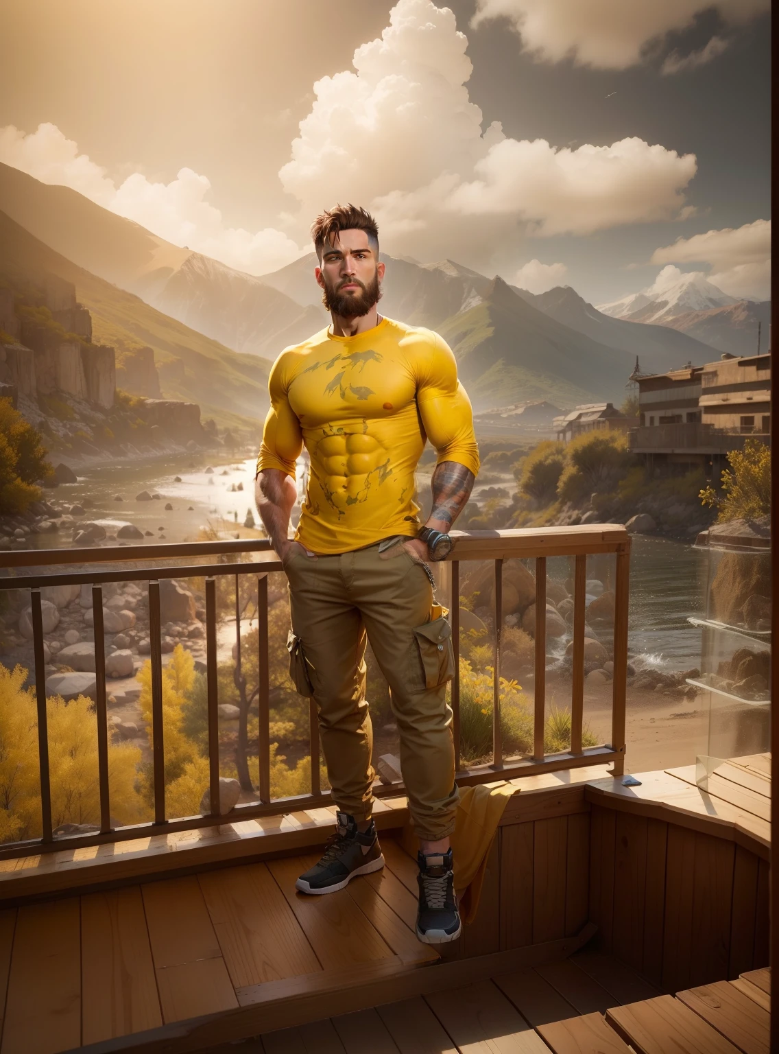 Muscular body orginal realistic handsome HD yellow full sleeve t shirt  brown cargo orginal