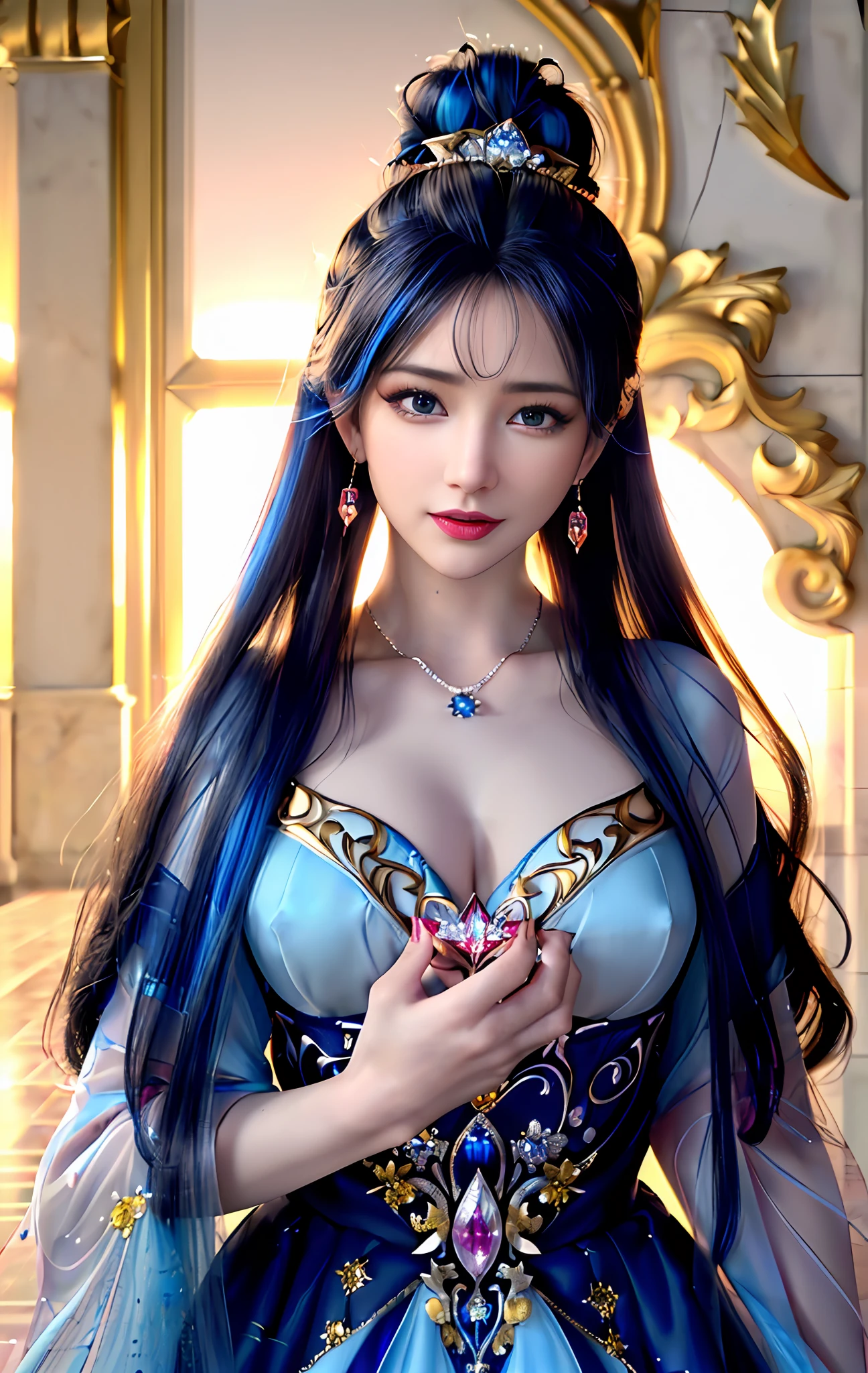((realisticity: 1.2)), ((realistic: 8K UHD)), ((best resolution: 8K UHD)), hyper detailed, best quality,masterpiece,highres,cg, ((1 girl hyper detailed and hyper realistic) ) , ((beautiful queen, hyper realistic and hyper detailed)),((white skin, beautiful, smooth, youthful, hyper realistic and hyper detailed )), ((Face hyper beautiful, white, hyper realistic and hyper detailed ) ), long hair, ((hyper realistic and hyper detailed dress)), solo, ((hyper realistic, hyper beautiful, beautiful and hyper detailed jewelry)), ((hyper beautiful deep red and golden yellow dress, hyper realistic and hyper detailed )) , ((Her pretty, hyper realistic, hyper detailed diamond filled earrings)), ((Her gorgeous diamond haircut, hyper realistic and hyper detailed)), ((hyper pretty upper body, hyper beautiful, hyper realistic and hyper detailed) ), ((medium breast: 1.5)), ((hyper realistic, hyper pretty, hyper detailed boobs)),   ((the backgroun of the royal palace is hyper majestic, hyper realistic and hyper detailed)),((hands and palms hyper beautiful, hyper detailed, hyper realistic)), ((hyper pretty, hyper pretty, hyper realistic and hyper detailed hair bun)), ((hyper pretty , hyper realistic and hyper detailed blue hair)), candid, Photo, high resolution, 8k , bokeh,
