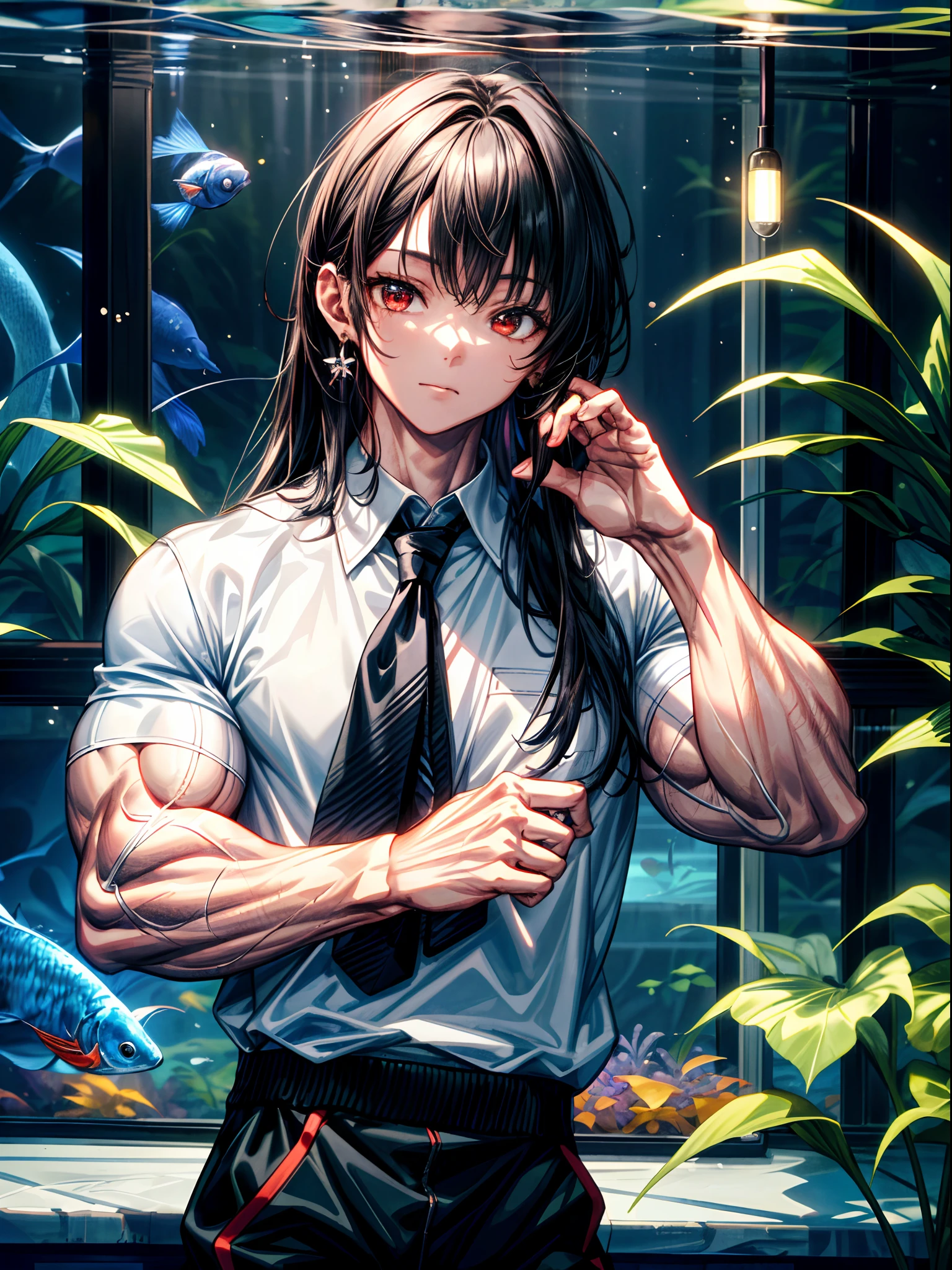 (best lighting) , (super-complex details) , 4K unified, (super-detailed CG: 1.2) , (8K: 1.2),(original), (masterpiece) , (best quality),(Masterpiece:1.4),Anime-ish high quality,(masterpiece),masterpiece, best quality, absurdres,((Masterpeace, 4k, 8k, highres)),(masterpiece), (best quality), (ultra-detailed), (an extremely delicate and beautiful), ((cowboy shot)), 1 woman, Yoru, beautiful face, detailed face, red eyes, scar on the cheek, long hair, black hair, school uniform, white shirt, black tie, dynamic pose, looking at viewer, on a aquarium, fish tank behind her, algae, marine life, blurred bottom, female focus, depth of field, full HD, high definition, high resolution
, ((body builder:1.5)),temple background,(beautiful bace),(girl),(female),(((upper body:1))),from front