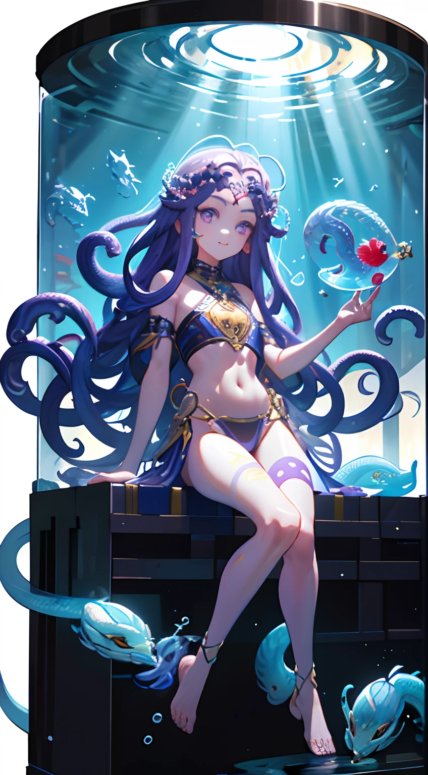 [(Transparent background:1.5)::5],(((Masterpiece))),(((Best quality))),(((Extremely detailed))),illustration, 1girll,Solo,mysterious,vivd colour,Shiny, Underwater transparent sealed hemispherical glass dome, (Medusa, White snake hair, ),(Purple eyes), full bodyesbian,Barefoot,Open navel，Long hair is calm and natural, Koi,Underwater, Dome,Dynamic actions,Lens perspective,(((Box composition))),sitting cross-legged，Leaning against the bookshelf, voluminetric lighting, multi colored eyes, Detailed eyes, ultra - detailed,Light smile, Highly detailed, Beautiful, small detailed, Ultra detailed, Best quality, Intricate, 4K, 8K, trending on artstationh, Good anatomy, Beautiful lighting, Award-winning,