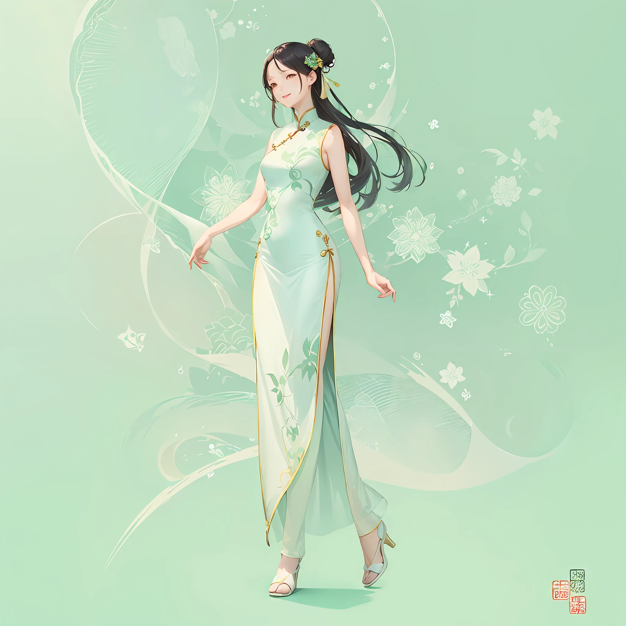 (full body:1.5),1 Cheongsam woman,Slender figure,perfectly proportions,Delicate hair accessories, smile,simple background, mint green, Oriental elements,minimalism painting, simple shapes, clearn smooth outline, (Soft Lighting, Bokeh)