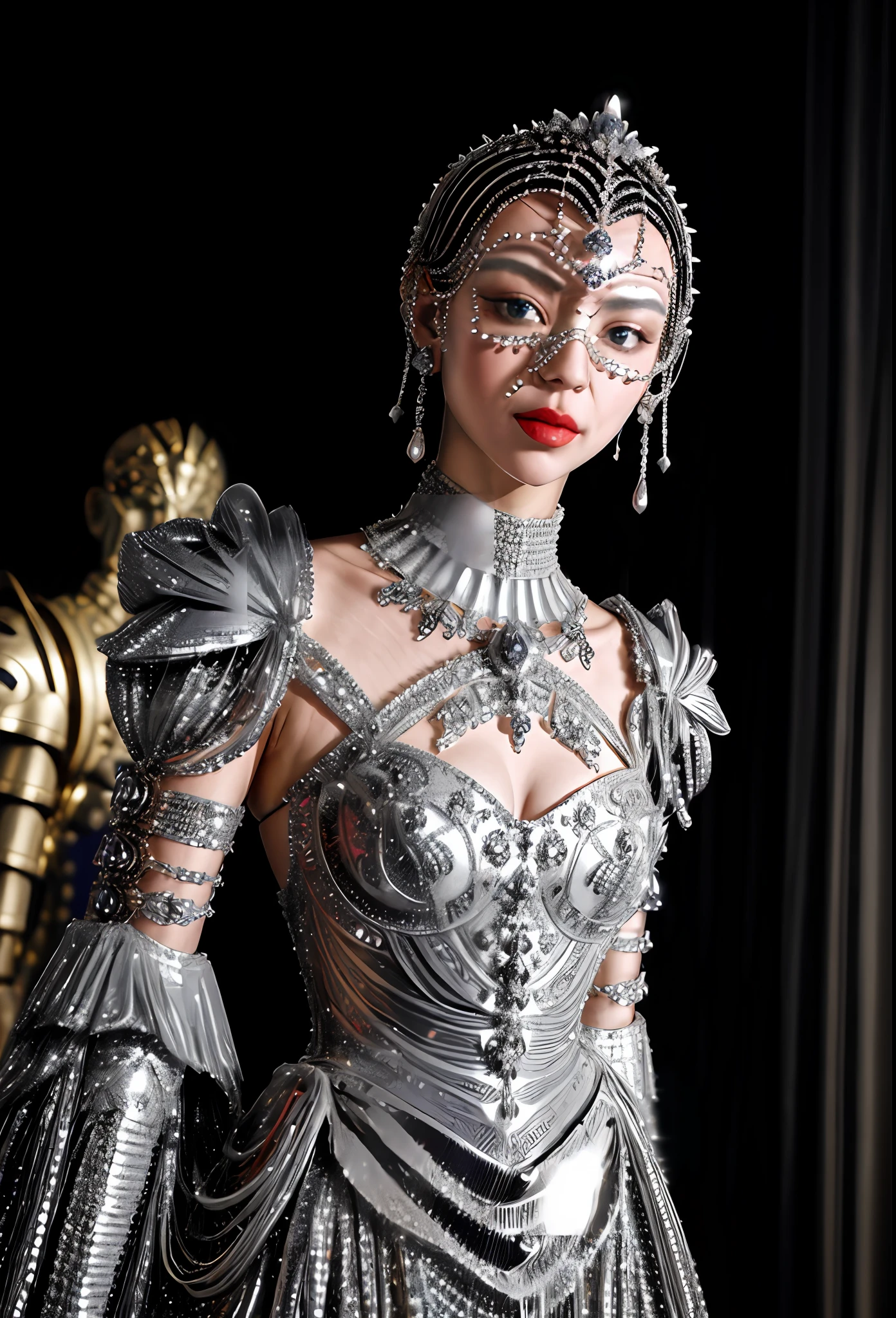 jewelry dress on a woman with a face covered in jewelry, bedazzled with shiny rubies, ornamental, wearing louis vuitton armor, alexander mcqueen haute couture, silver intricate armor, cyborg fashion shot, jeweled costume, intricate armour costumes, by Alexander McQueen, intricate costume design, inspired by Alexander McQueen