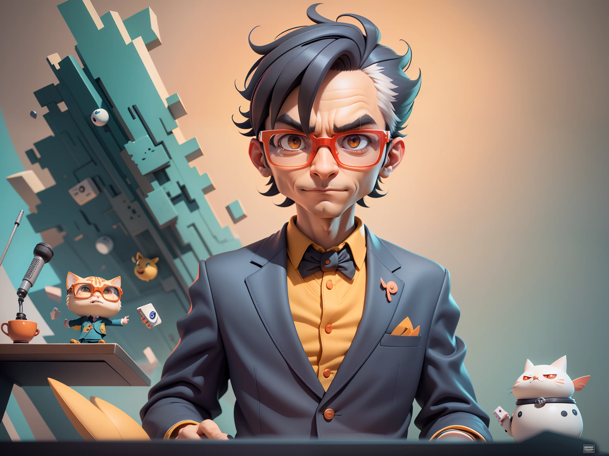 A young man in a suit, Short hair and glasses sat at his desk，holding laptop，digitial painting，tigre，3D character design by Mark Clairen and Pixar and Hayao Miyazaki and Akira Toriyama，4K HD illustration，Very detailed facial features and cartoon-style visuals。