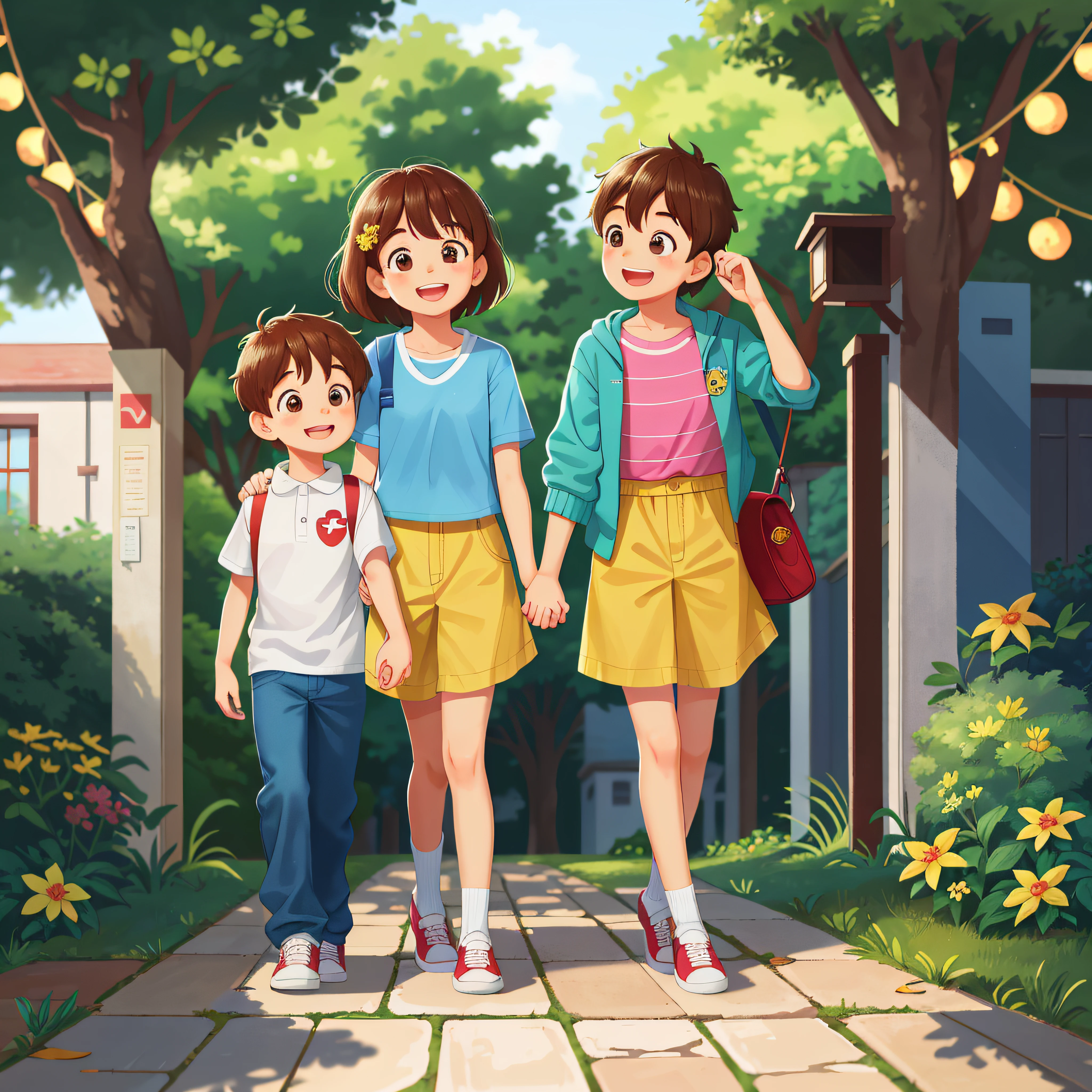 two childhood couples walked hand in hand on the campus path, smiling brightly, happy, perfect quality, clear focus (clutter - home: 0.8), (masterpiece: 1.2) (realistic: 1.2) (bokeh) (best quality) (detailed skin: 1.3), (intricate details) (8K) (detailed face), (detail eyes) (sharp focus), (happy), depth of field control method