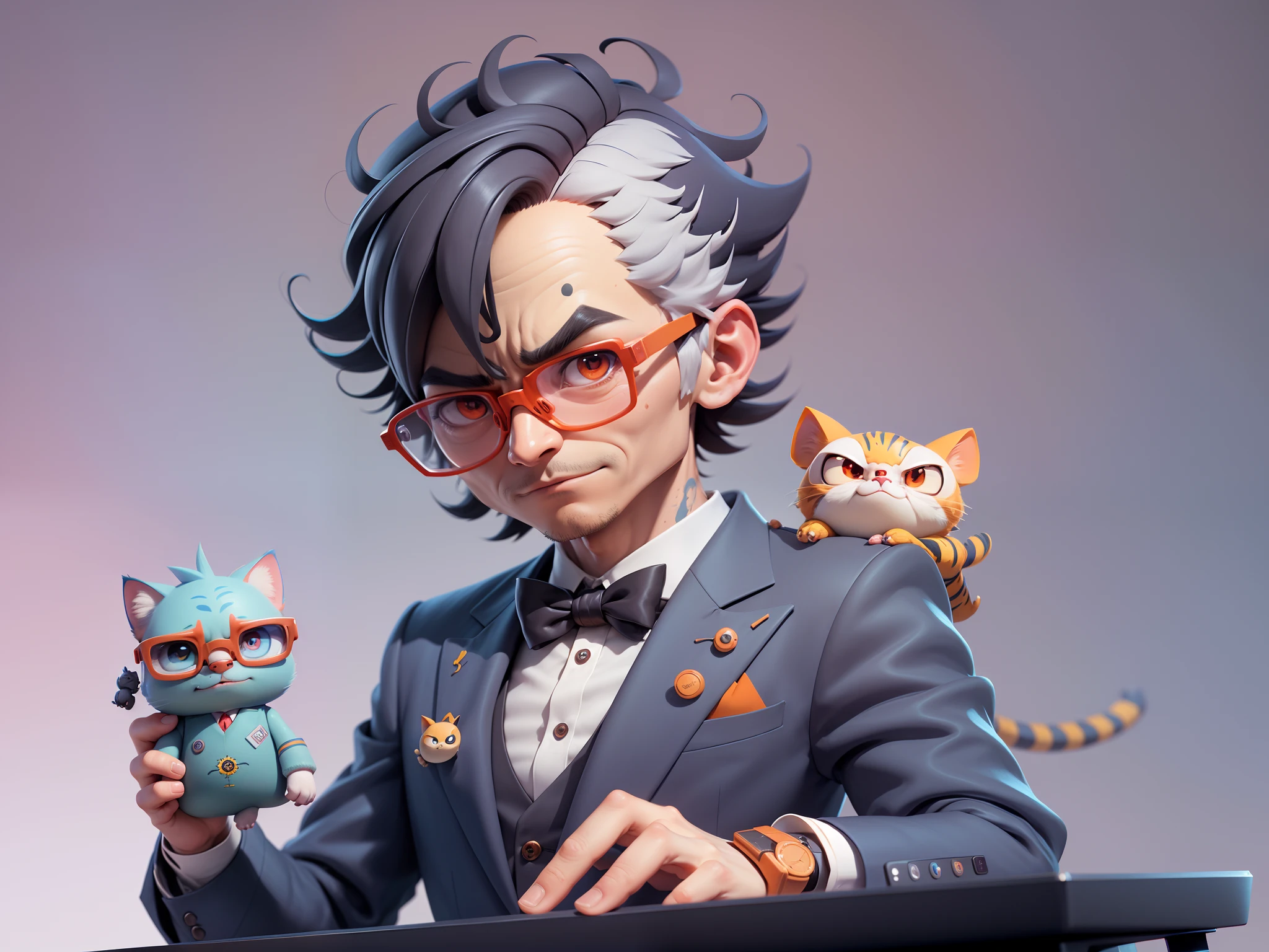 A young man in a suit, Short hair and glasses sat at his desk，holding laptop，digitial painting，tigre，3D character design by Mark Clairen and Pixar and Hayao Miyazaki and Akira Toriyama，4K HD illustration，Very detailed facial features and cartoon-style visuals。