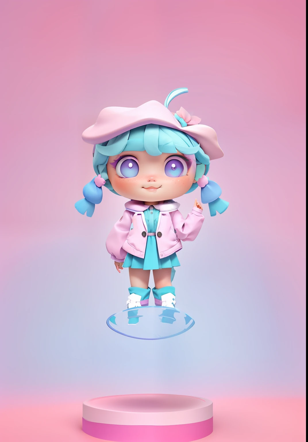 Cute girl，Bright colors，Modeling，Pink coat，Short blue skirt，Khaki snow boots， pink hair，Lilac petal-shaped hat，Purple gradient eyes，Dopamine color matching，Dreamy gradient color matching，having fun，pale pink blush，Smooth skin，Black and silver camera