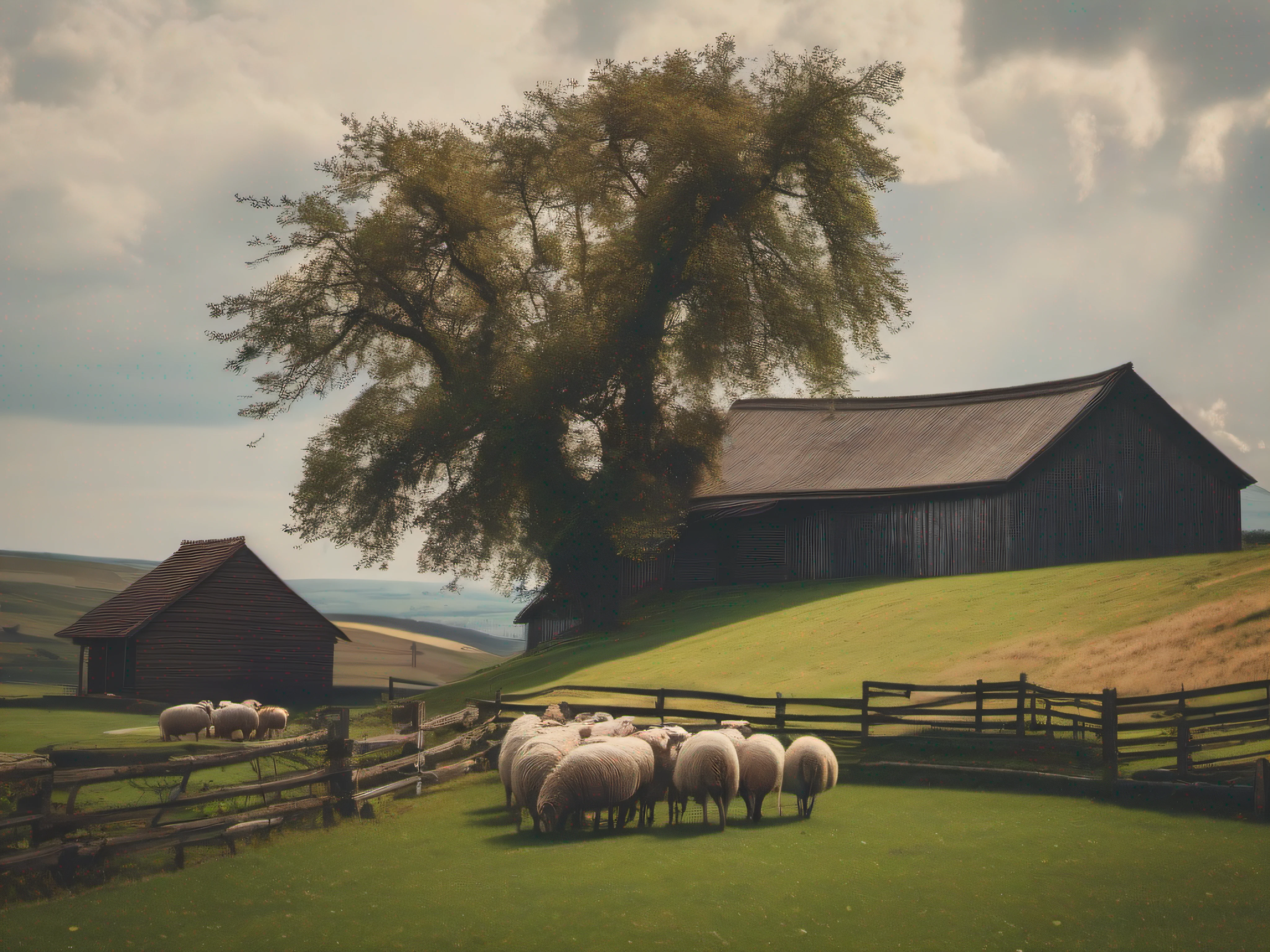 (masterpiece:1.2), (8k:1.2), day, (flock of sheeps:1.3), (barn:1.2), (grass:1.2), (fence:1.1), (house:1.3), (hill:1.3), (tree:1.1), (serene:1.1)