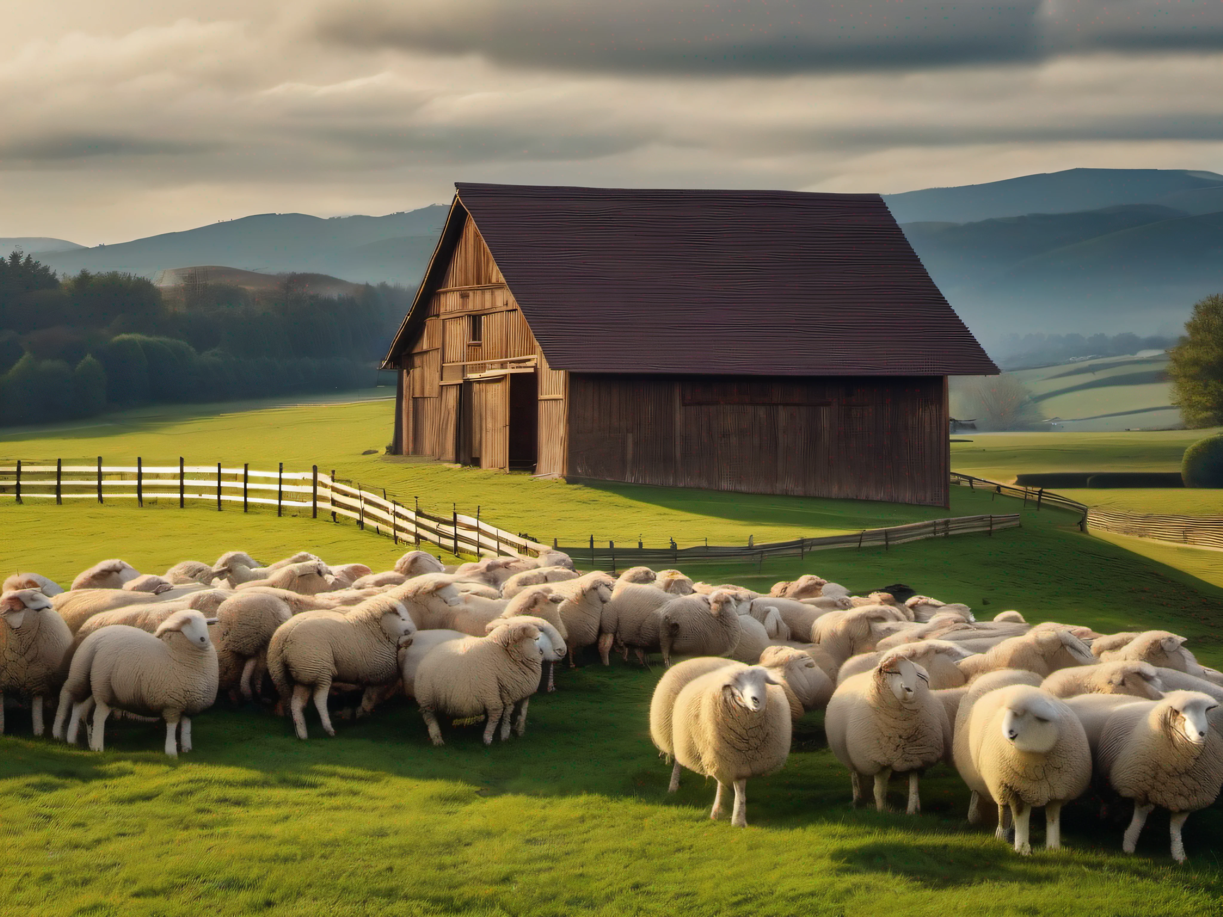 (masterpiece:1.2), (8k:1.2), day, (flock of sheeps:1.3), (barn:1.2), (grass:1.2), (fence:1.1), (house:1.3), (hill:1.3), (tree:1.1), (serene:1.1)