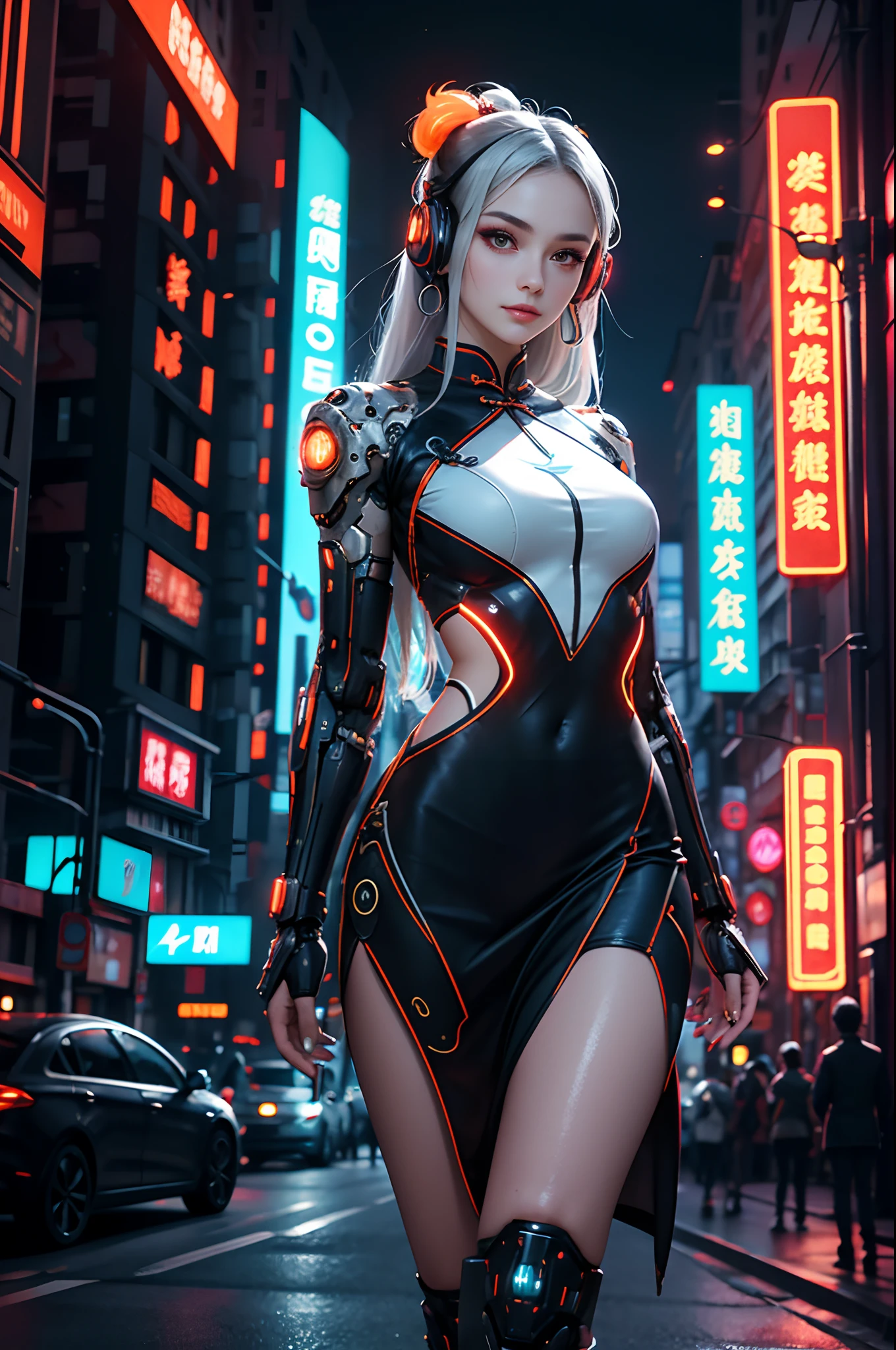 1 girl, Chinese_clothes, liquid silver and orange, cyberhan, cheongsam, cyberpunk city, dynamic pose, detailed luminous headphones, glowing hair accessories, long hair, glowing earrings, glowing necklace, cyberpunk, high-tech city, full of mechanical and futuristic elements, futurism, technology, glowing neon, orange, orange light, sexy skirt, transparent streamers, laser, digital background urban sky, big moon, with vehicles, best quality, masterpiece, 8K, character edge light, Super high detail, high quality, the most beautiful woman in human beings, slight smile, face facing front and left and right symmetry, ear decoration, beautiful pupils, light effects, visual data, silver white hair, super detail face texture, happy and proud, weapon system