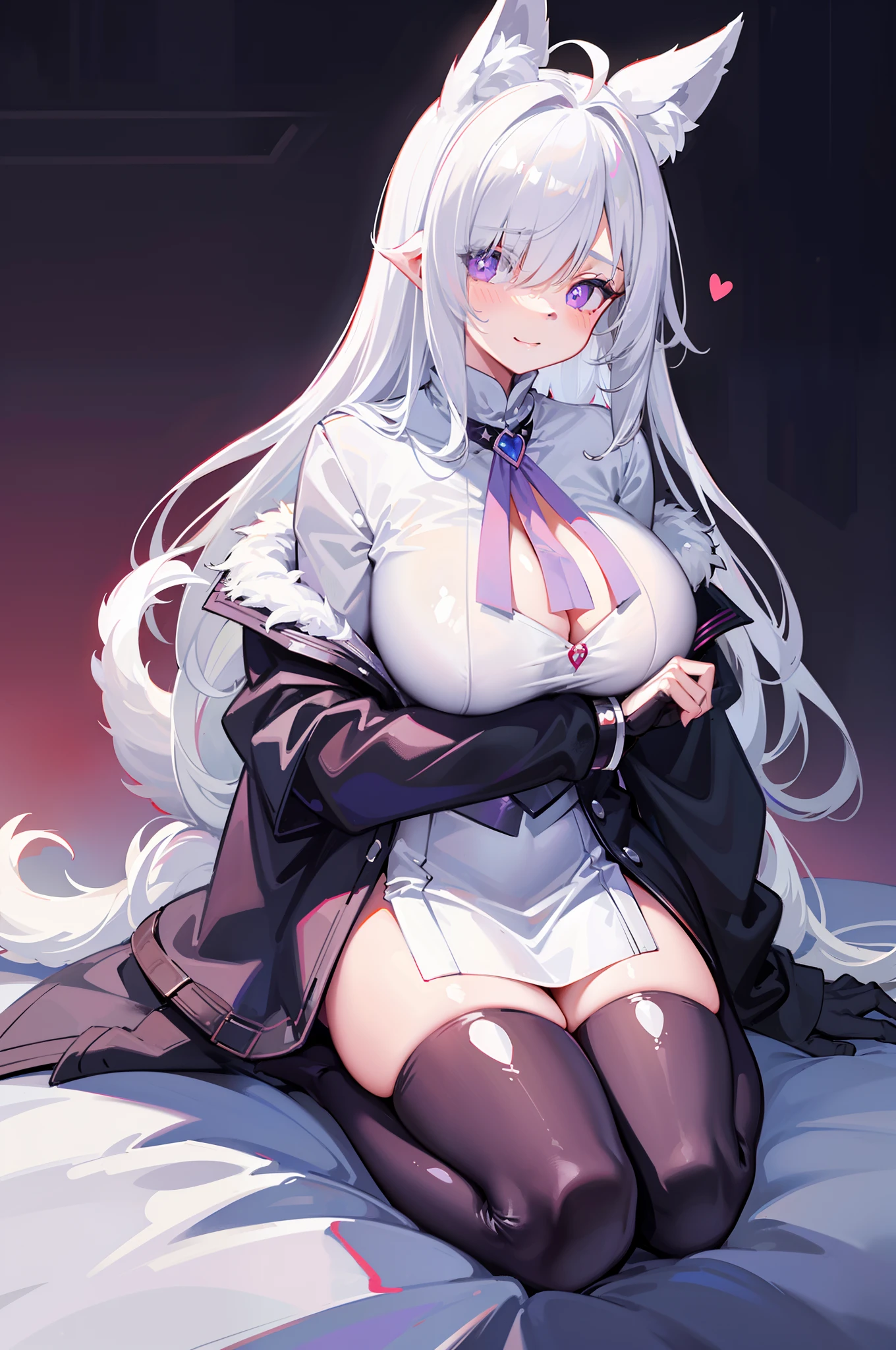 Blush, ((((White color blouse)))),  black long boots, ((((Huge white furry tail)))), (on top of the bed), Reclining, D-cups, White hair, ahoge,((hair covering one eye)), Heart-shaped pupils, Purple eyes, Fox ears, Evil smile, Seductive smile, hearts in eyes, torogao, Reflectors, Yandere, anime big breast, Chiaroscuro, Ray tracing, shadowing, hyper HD, Masterpiece, Accurate, Anatomically correct, Textured skin, Super detail, High details, High quality, Award-Awarded, Best quality, A high resolution, 16k，(There is love around you)，Tempting
