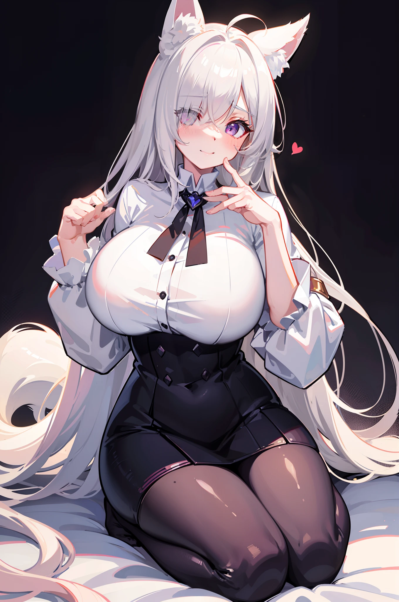 Blush, ((((White color blouse)))), black long boots, ((((Huge white furry tail)))), (on top of the bed), Reclining, D-cups, White hair, ahoge,((hair covering one eye)), Heart-shaped pupils, Purple eyes, Fox ears, Evil smile, Seductive smile, hearts in eyes, torogao, Reflectors, Yandere, anime big breast, Chiaroscuro, Ray tracing, shadowing, hyper HD, Masterpiece, Accurate, Anatomically correct, Textured skin, Super detail, High details, High quality, Award-Awarded, Best quality, A high resolution, 16k,(There is love around you),Tempting