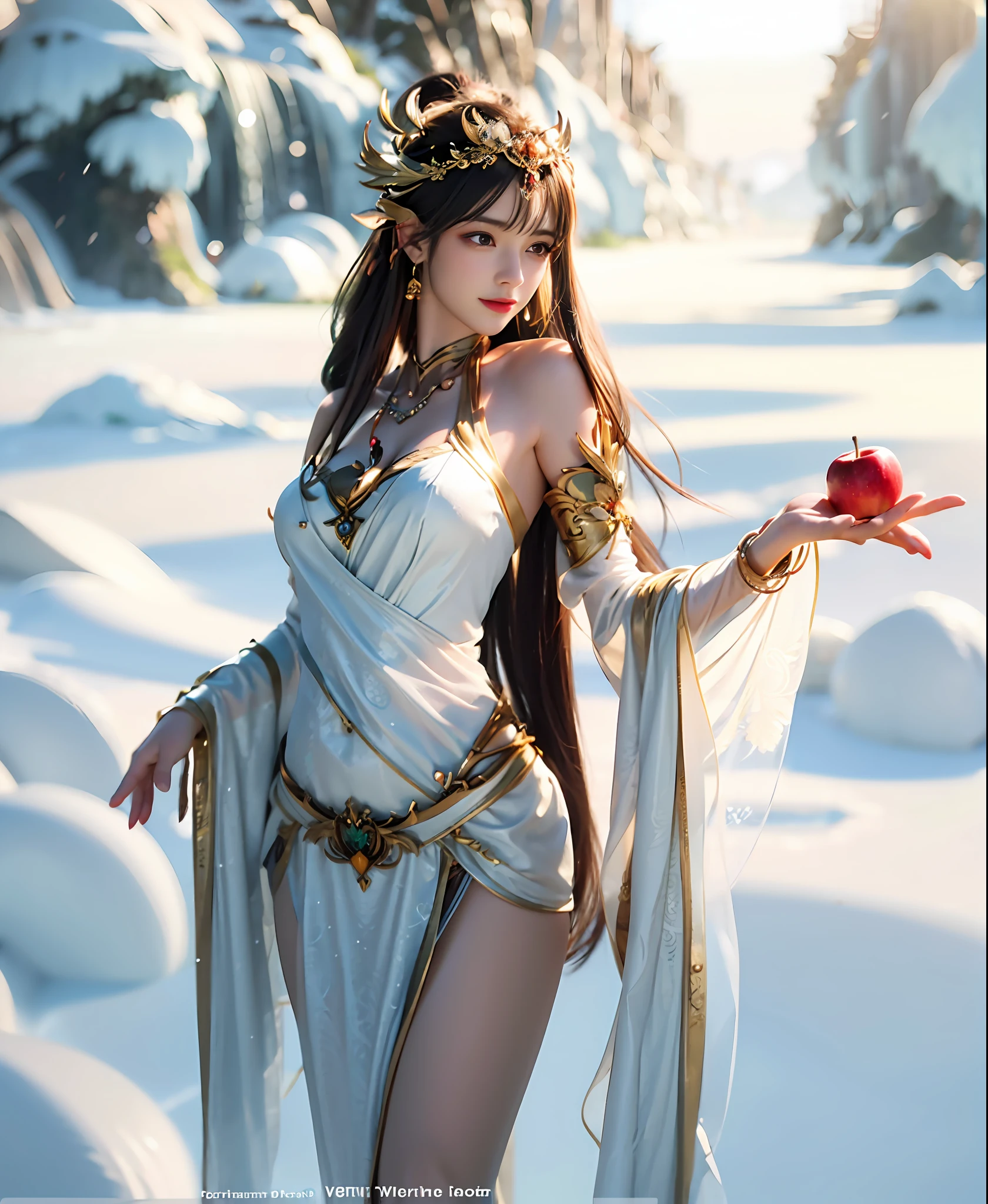 There is a woman in white dress,An apple in one hand, Beautiful fantasy goddess, ((Beautiful fantasy goddess)), Fantasy Woman, Beautiful and elegant goddess, karol bak uhd, elegant lady with alabaster skin, Artgerm on ArtStation Pixiv, aphrodite goddess of love, Artgerm et WLOP, Goddess. Extremely high detail,low-saturation, in the style of anime art, , Detailed facial features, Dream illustration style zbrush, UHD image, Feminine elegance, , anime artsyle, Organic and flowing forms, Free brush strokes, illustrated, in the style of artgerm, Long-sleeve tickets, Excellent quality, Action painter, amazing moment, vray, Unreal Engine5, cinmatic lighting, Particle, realistic PVC textures, 32K, cinematic photogtaphy, Apply vertically to the whole body, poster for, Light smile, bead necklace, Bokeh, Verism, Cinematic lighting, Ray tracing, reflective light, shadowing, Anatomically correct, Textured skin, Super detail, High details, High quality, Masterpiece, retinas, ccurate, Award-Awarded, Best quality, A high resolution。