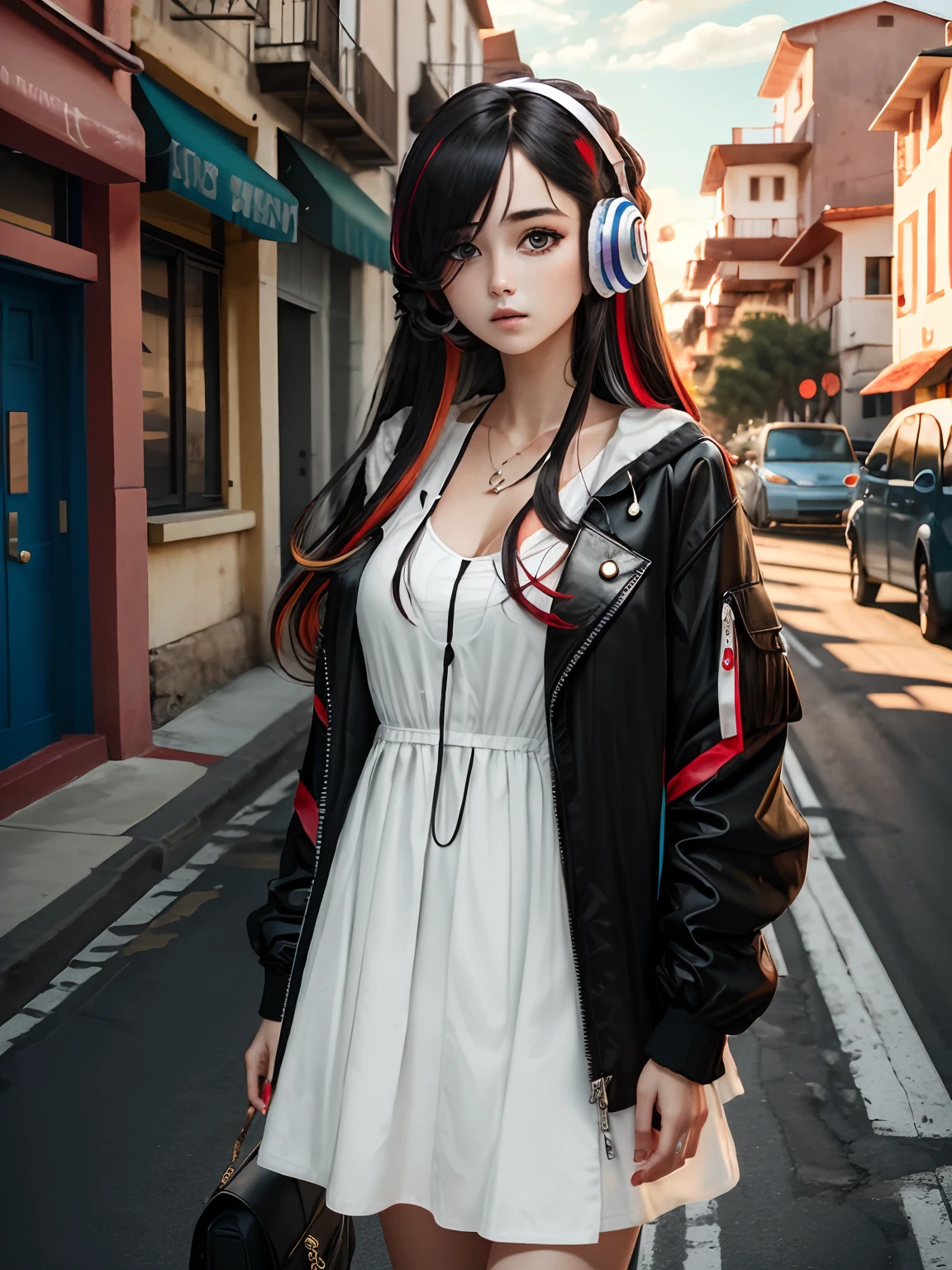 masterpiece, best quality, highres, 1girl, split-color hair, hair over one eye, red hair, multicolored hair, long hair, purple eyes, two-tone hair, hair rings, white dress, headphones, white hair, black ribbon, bangs, very long hair, medium breasts, long sleeeves, open jacket, oversized clothes, standing, street, cowboy shot,