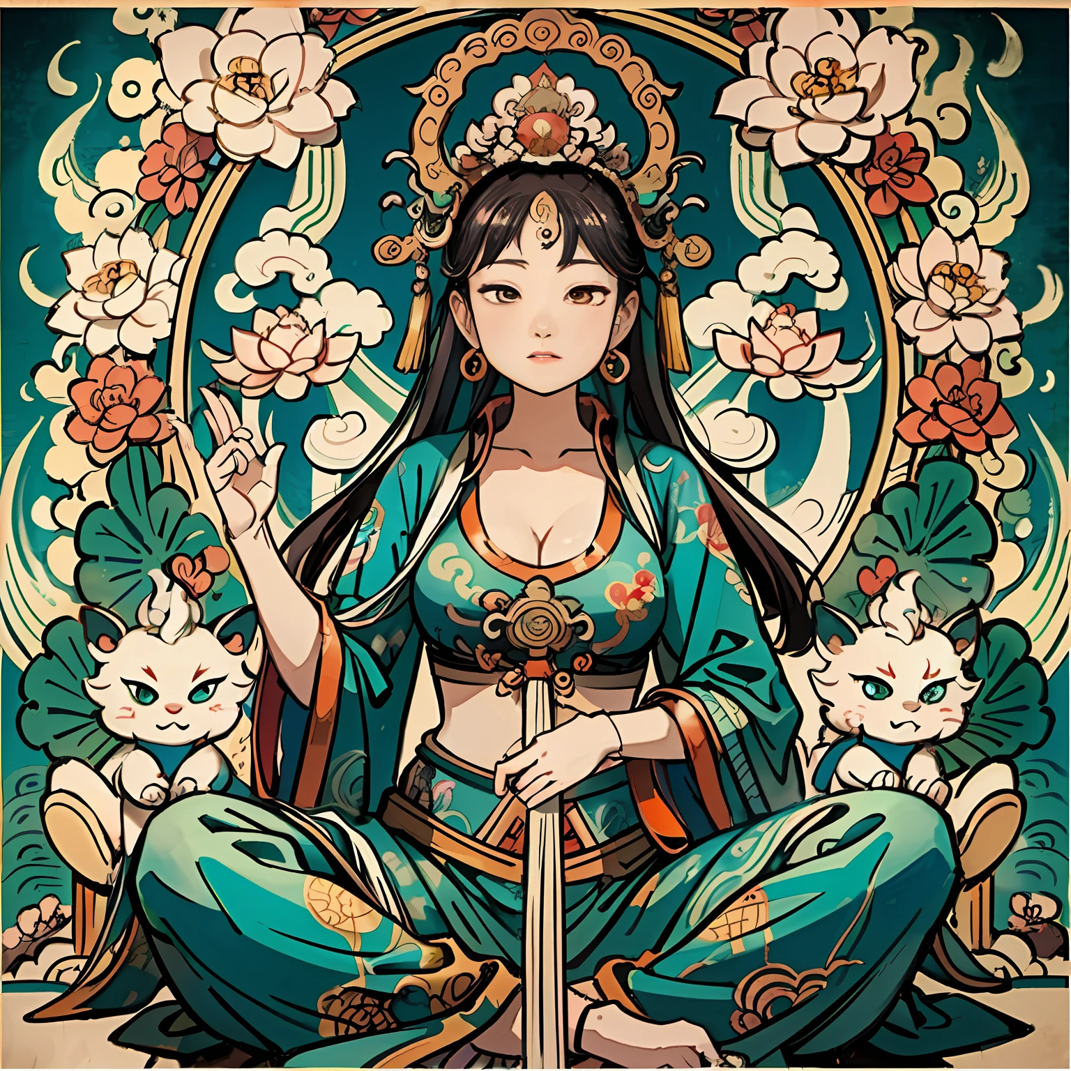 an ancient Chinese goddess, guanyin of the southern seas, Guanyin, Inspired by India, Avalokiteshvara Bodhisattva Dragon,,Serene expression,shui mo hua,Buddha,Buddhist,Lotus,Chinese painting style,Thangka style