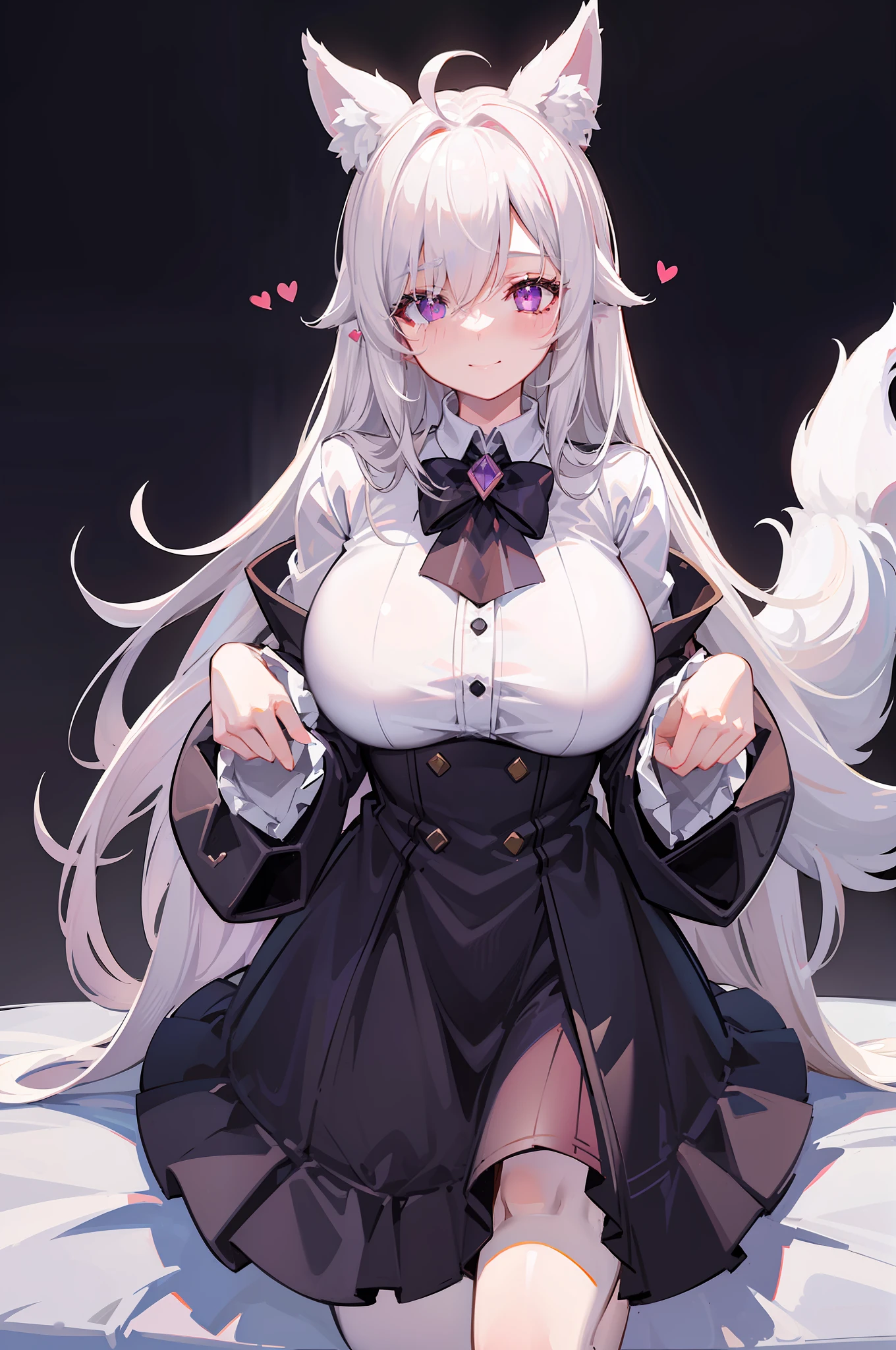 Blush, ((((White color blouse)))), black long boots, ((((Huge white furry tail)))), (on top of the bed), Reclining, D-cups, White hair, ahoge,((hair covering one eye)), Heart-shaped pupils, Purple eyes, Fox ears, Evil smile, Seductive smile, hearts in eyes, torogao, Reflectors, Yandere, anime big breast, Chiaroscuro, Ray tracing, shadowing, hyper HD, Masterpiece, Accurate, Anatomically correct, Textured skin, Super detail, High details, High quality, Award-Awarded, Best quality, A high resolution, 16k,(There is love around you),Tempting