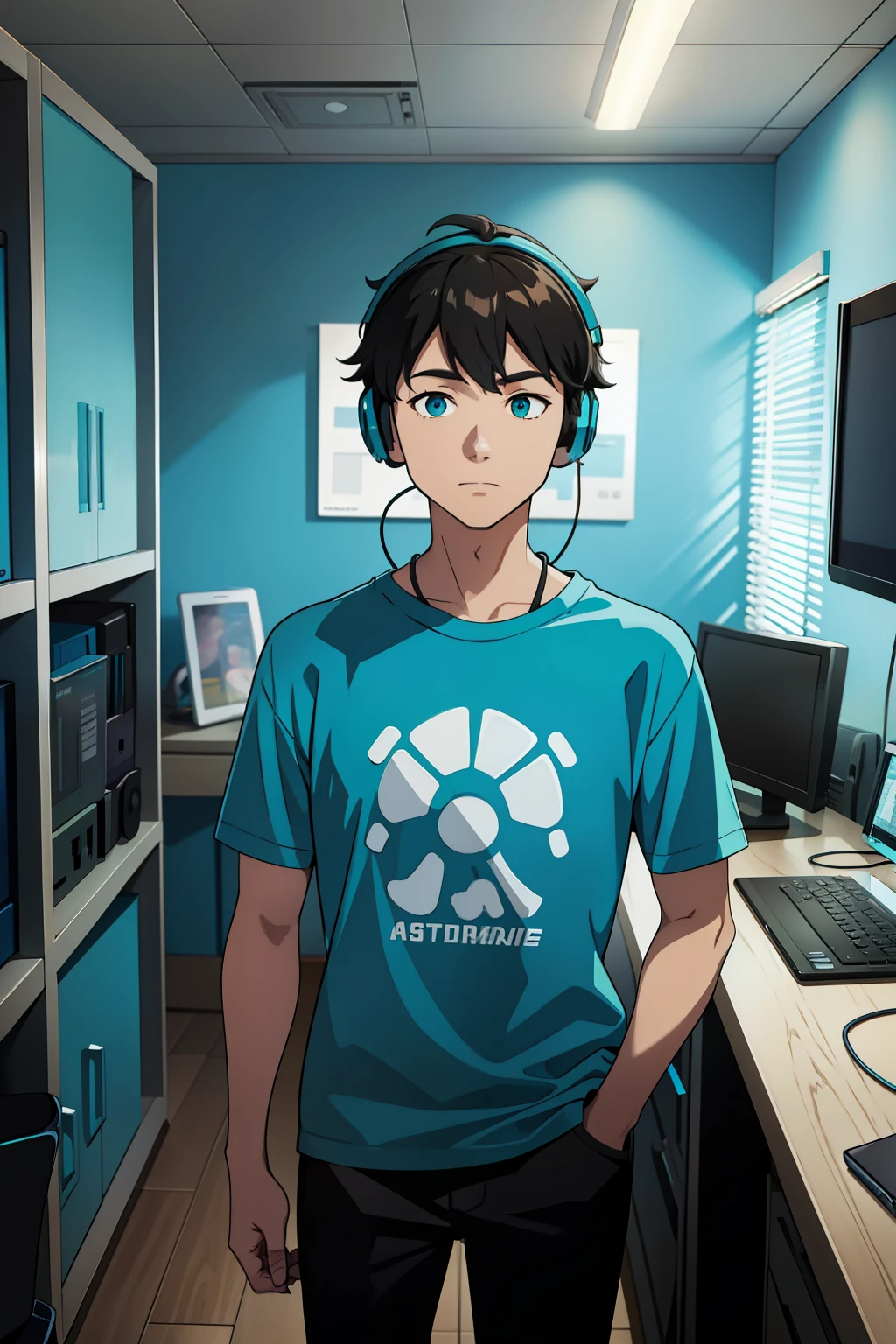 1guy, cyan shirt, headphones, room with computer, standing,