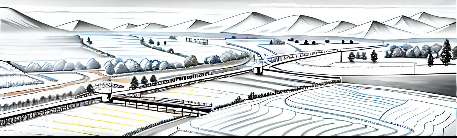 Rural landscape，High-speed rail runs through fields, Illustration style,anime city lineart, Train, The river crosses,Bridges，village，White house，wheat，farm land，lavoura，highways，Distance，dam，Wind power，Hand drawn insert，baiyun，Paint the blue sky，Far Mountain，High definition