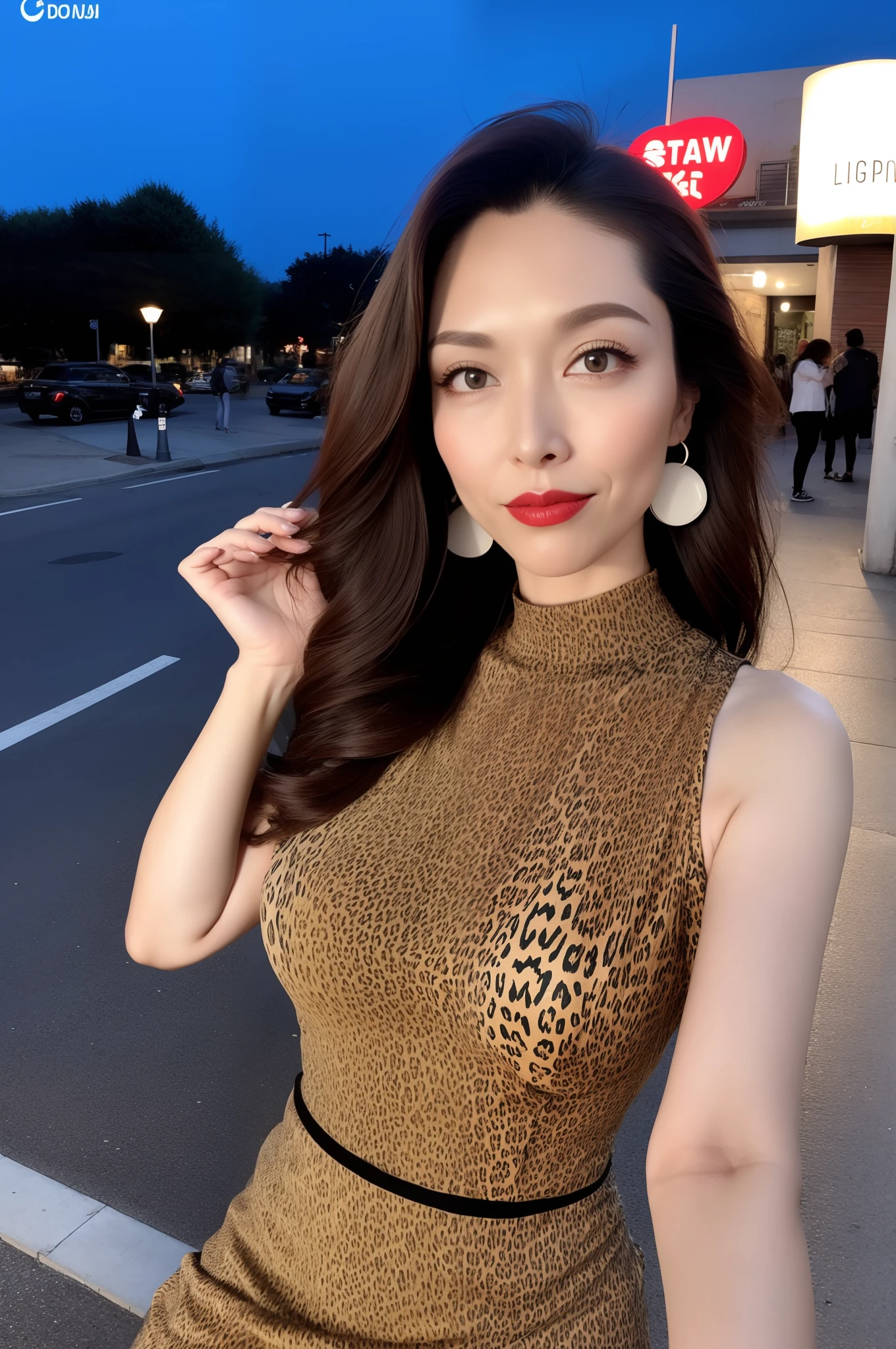 Woman posing on street corner at night in see-through , Leopard print dress, mini skirt, , of the highest quality, High resolution, 8K, girl, 1 person, (Huge breasts), Daytime, Bright, plein air, (Street: 0.8), (People, Large crowds: 1), (Heavy, Fat body: 1.4), ( plus size model), makeup, (lip stick: 1.1), (eye line: 1.2), mascara, eyeshadows, , Thin dress: 1.5, High Neck Dresses: 1.5, ), Gorgeous, (Medium Hair), Beautiful detailed sky, Beautiful earrings, (Dynamic Pose: 0.8), (Upper body: 1.2), Soft lighting, Wind, Shiny skin, Gaze,