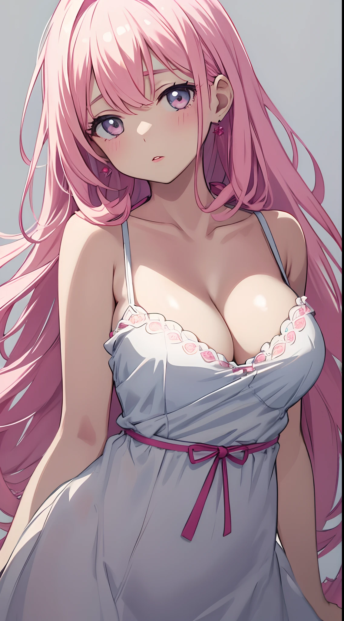a little lovely kid girl，redish pink lips，Wearing a bright white shirt，Pastel palette aurora punk style，Anime illustration of her face，Animated GIFs，hand-drawn animation，Captivating sketch，Smooth and shiny，Hazy romanticism，Super Flat Style,White background -- ar 1:1--niji 5--style expressive--s 50，(cleavage:1.4)，(Large breasts，The shoulder straps slip off)