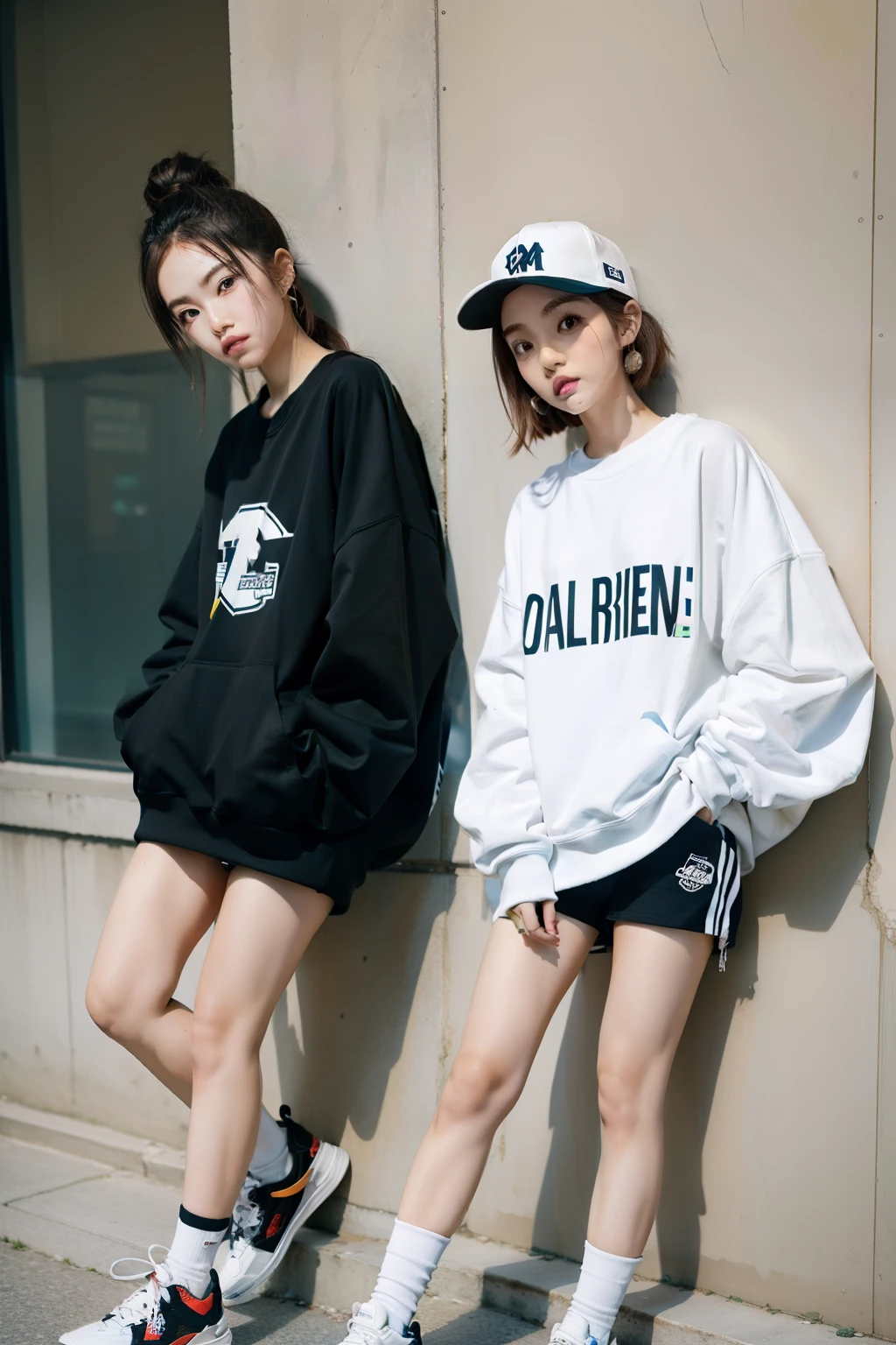((masterpiece, top quality, high definition)),College girl leaning against a wall with a skateboard, casual clothing style, she is wearing streetwear, ad image, woman in streetwear, japanese streetwear, styling, cool style, simple style, style of masami kurumada, one piece style, dressed with long fluent clothes, casual streetwear, cute casual streetwear, short pants, asymmetry!!, lookbook