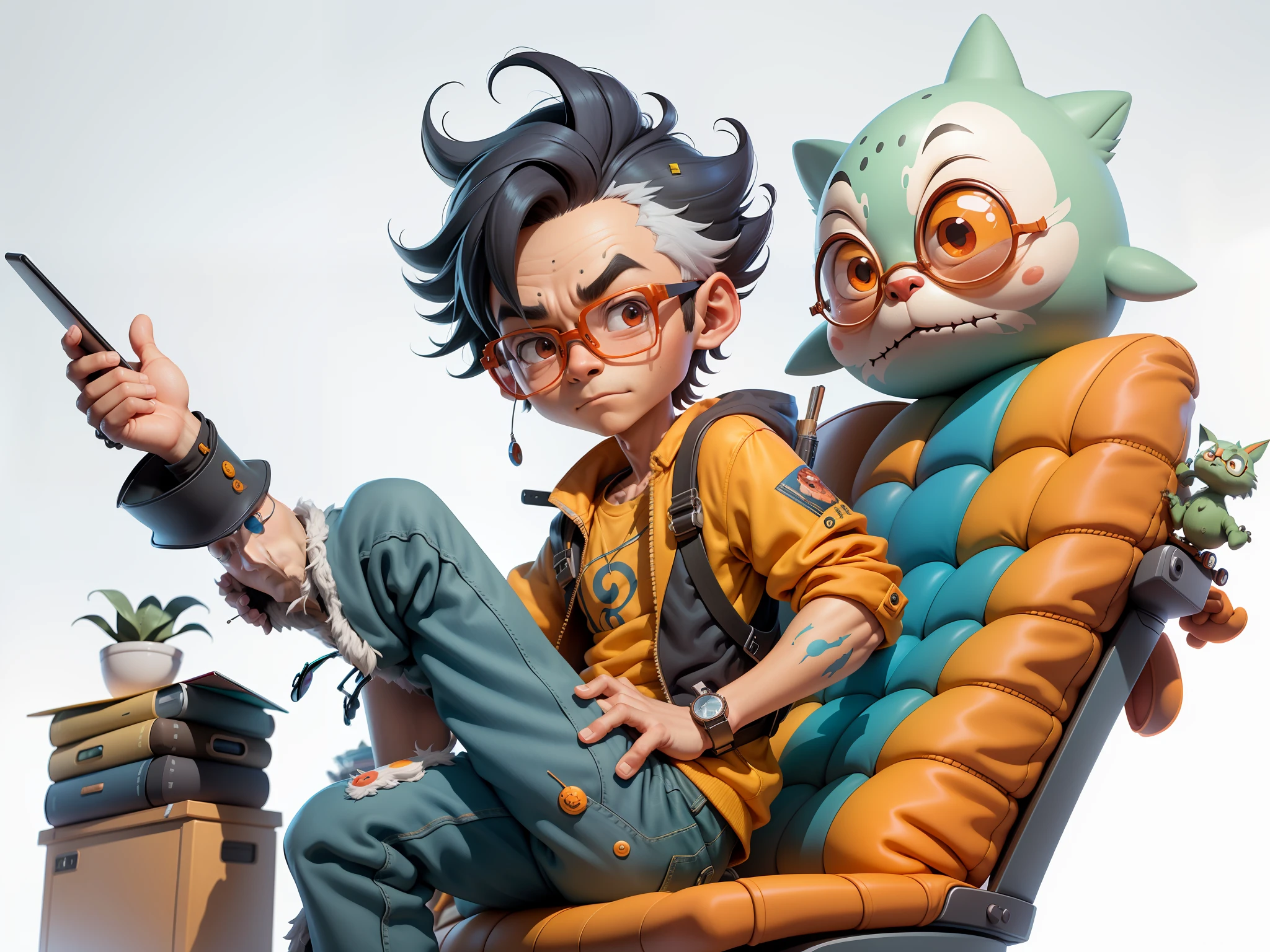A young man with glasses sits at his desk,holding laptop,digitial painting,3D character design by Mark Clairen and Pixar and Hayao Miyazaki and Akira Toriyama,4K HD illustration,Very detailed facial features and cartoon-style visuals。