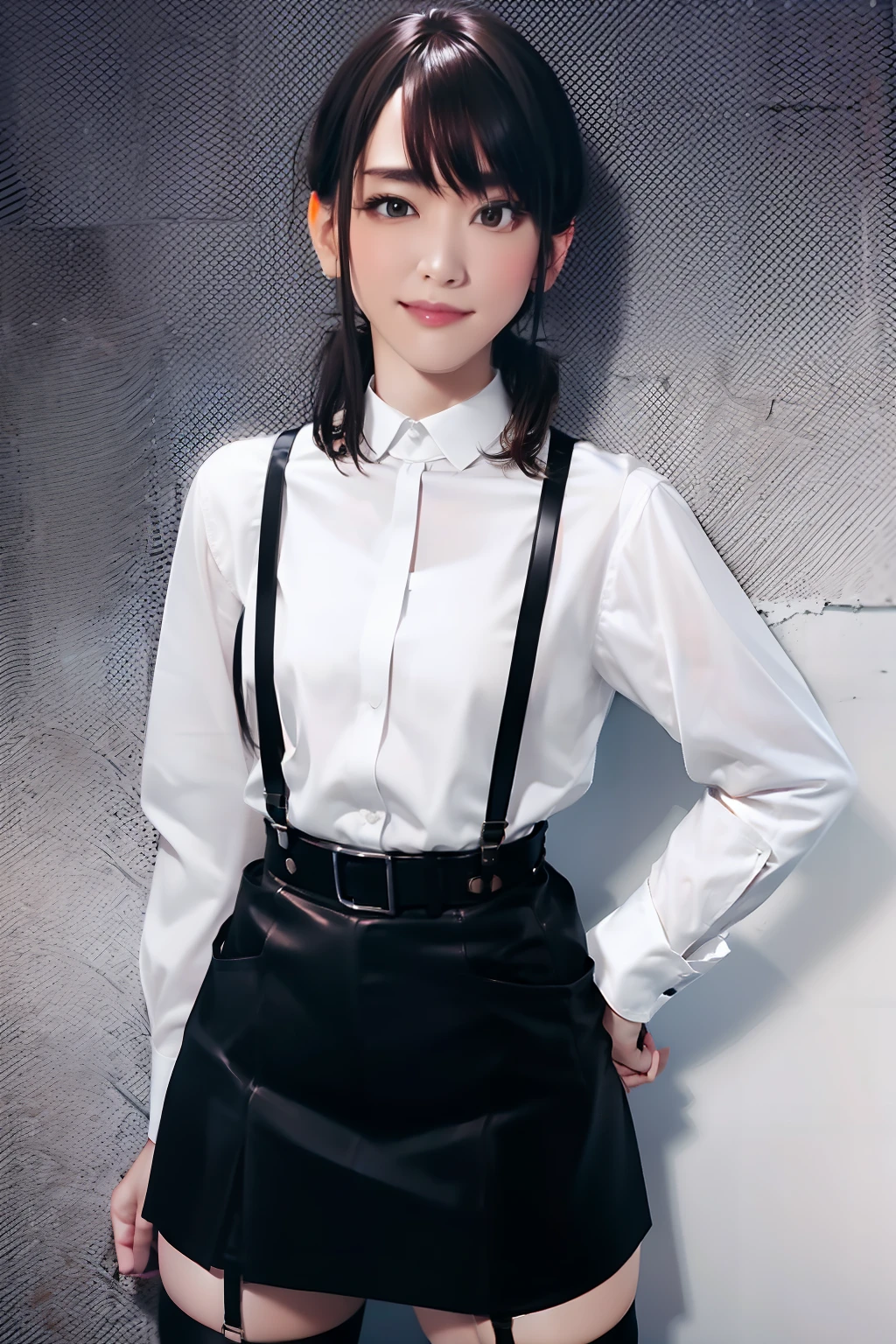 a belt suspenders Black miniskirt neck tie White cutter shirt Black stockings Brown hair poneyTail Gray eyes holster bobby Garter belt on the legs