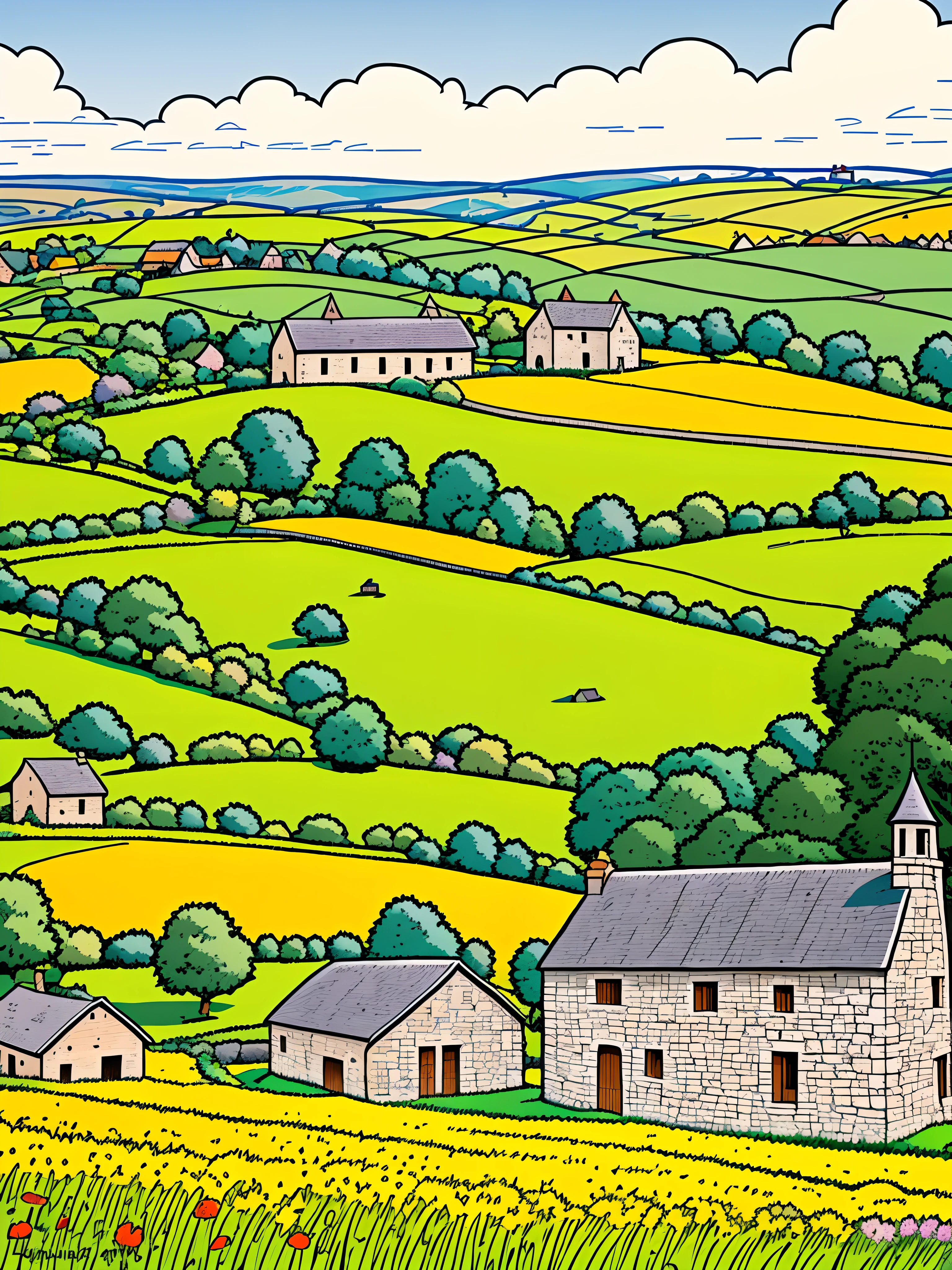 Line art in warm colours, one old medieval French stone barn with a grey slate roof, in a field, summer, sunny afternoon, (ligne claire, strong lines, no hatching), in the style of Franco-Belgian comics, in the style of fantasy comics, by Edgar P. Jacobs, by Herge, by Jacques Martin