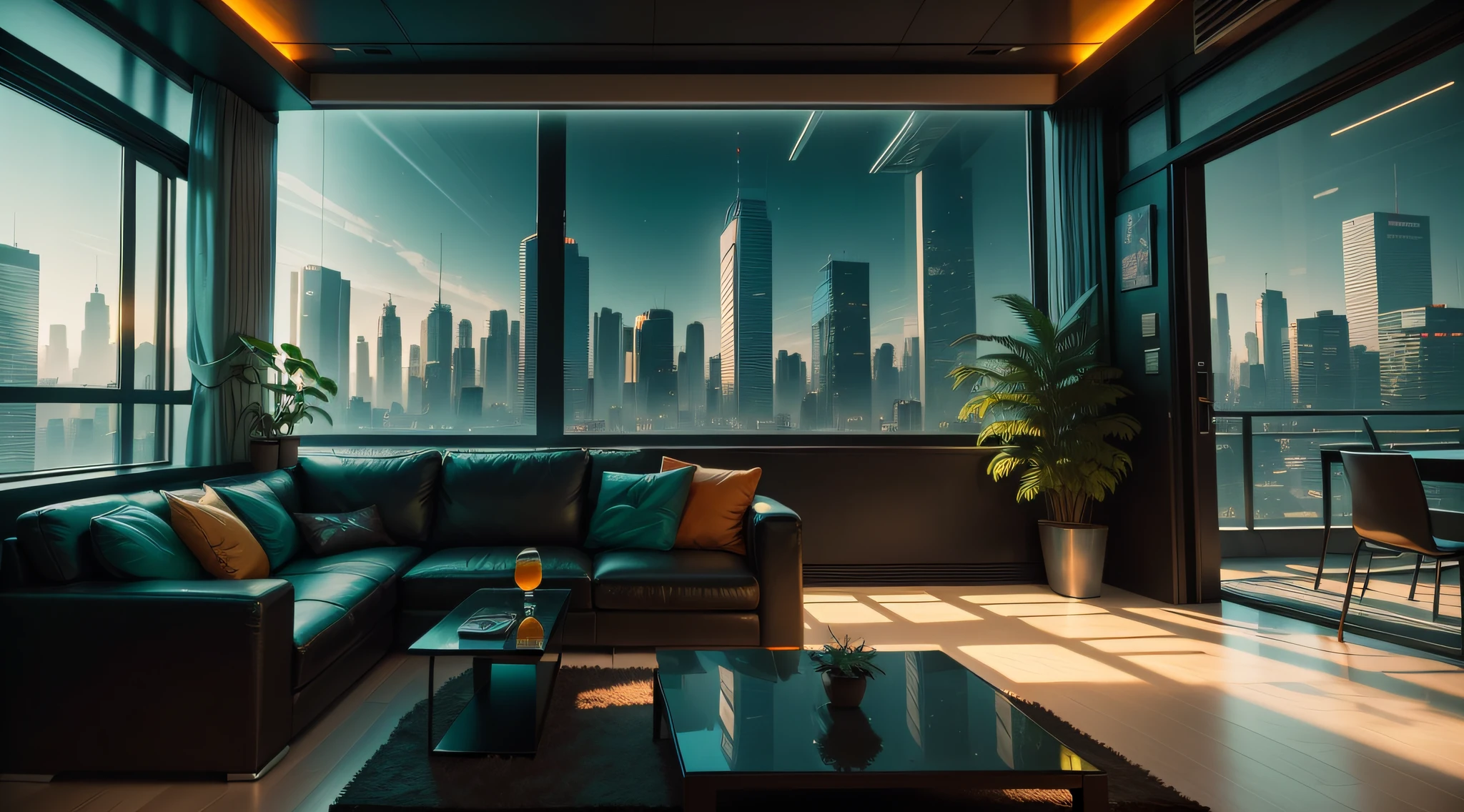 Hand drawn style cyberpunk tech style living room，In the daytime，Outside the window, the big city of science and technology，Clear sky color, Crystal clear, Some orange plants and green trees, Wide-angle lens, Marvelous skyline，On the table is a car model Reference color RGB 29 201 211 Fantasy Engine 5