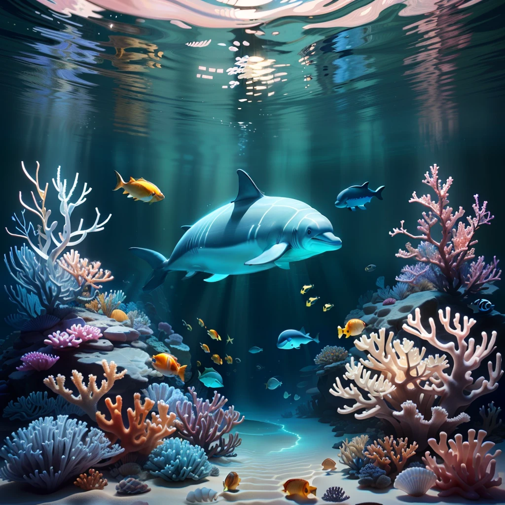 ​masterpiece、best qualtiy、Stunning reflections、Best reflection ever。 (Highly detailed CG Unity 8k wallpapers)、(top-quality)、(The best illustrations)、(Best Shadows)、Nautical theme with natural elements。a dolphin、Variety of shells、Colorful small fish、Small fish and glowing particle effect、、（Natural elements）、（Coral Reef theme）、（tortoise）、（Small fish）、（a dolphin）、(Glow)、(particle effect)。 、Isometric 3D、Octane Rendering、lay tracing、ultra-detailliert