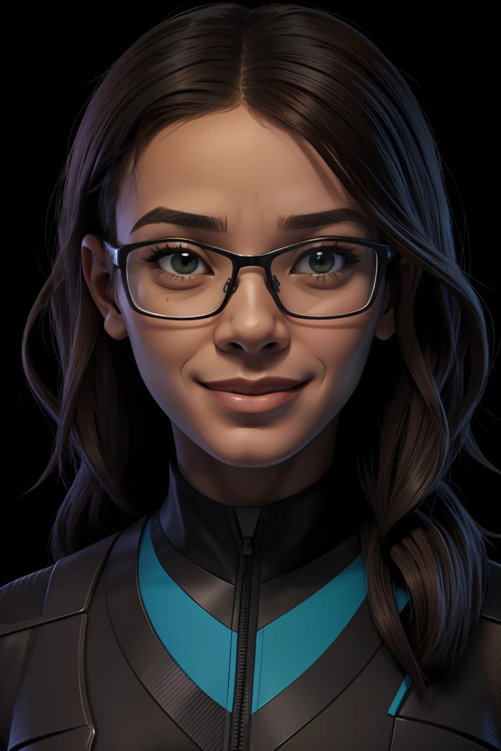 jovem mulher nerd sorrindo, pele marrom, geek, olhos puxados, pele marrom blue glasses, cabelo preto curto, roupas modernas verdes, feliz, entusiasmada, podcaster, estiloza, pop